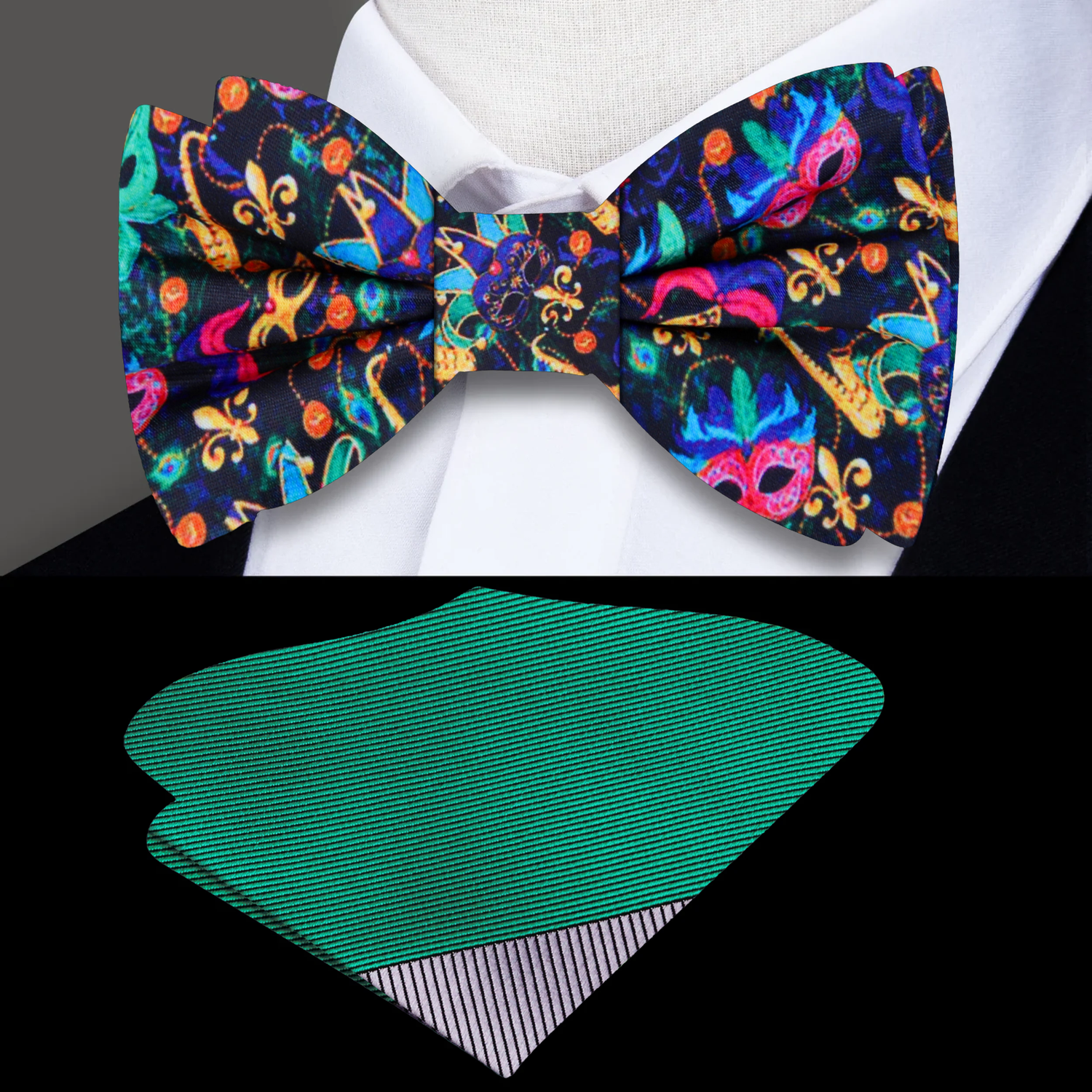 Black, Blue, Pink, Yellow, Purple Mardi Gras Masks Bow Tie and Accenting Square