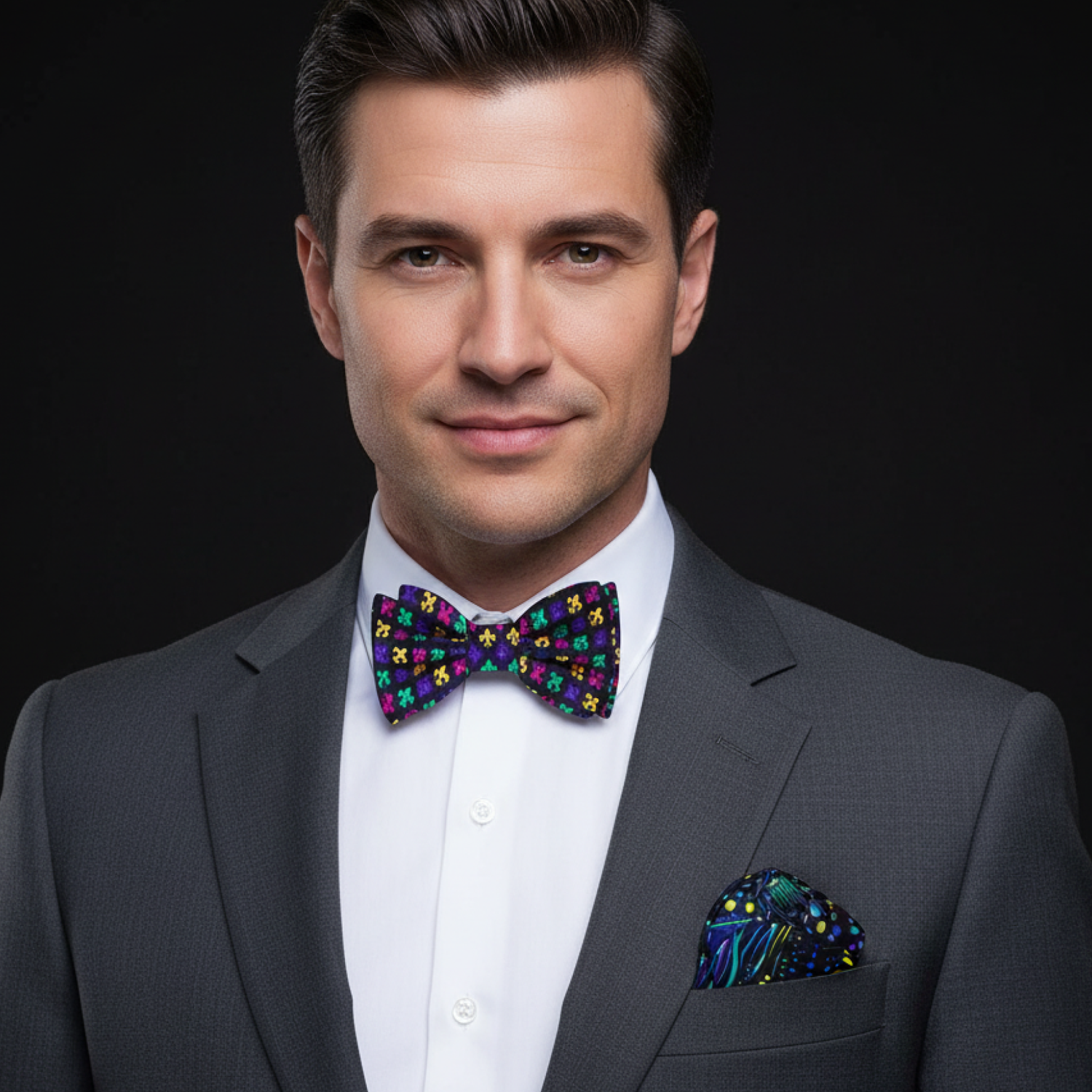 Man wearing a gray suit with a colorful bow tie and pocket square on a black background