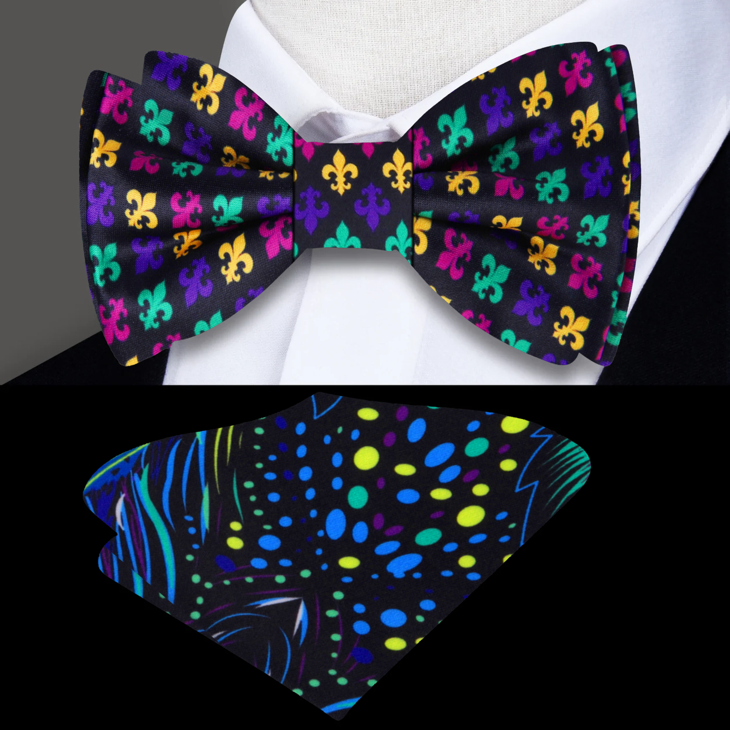 Black Yellow Pink Purple Teal Fleur De Lis Bow Tie and Accenting Square