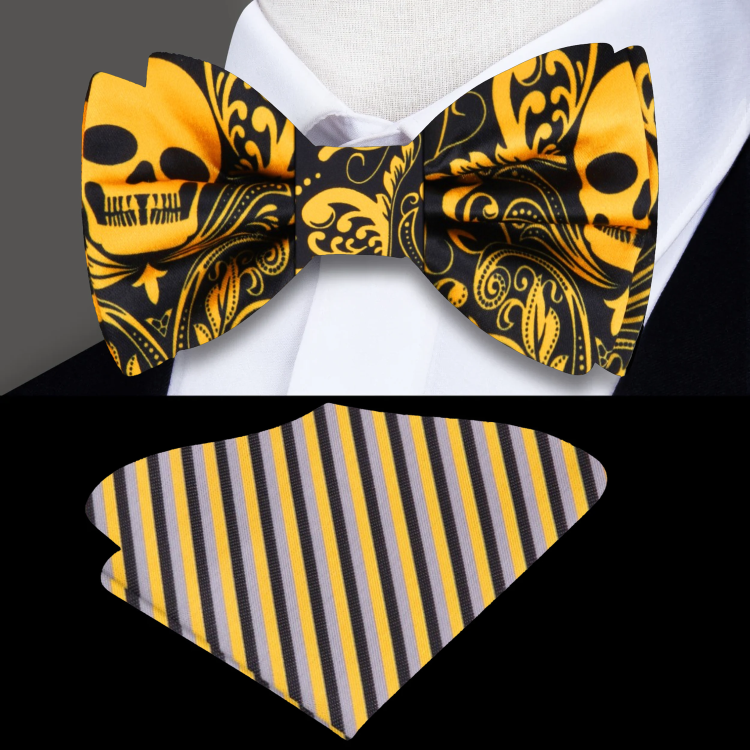 Black and Yellow Skull Bow Tie and Accenting Pocket Square