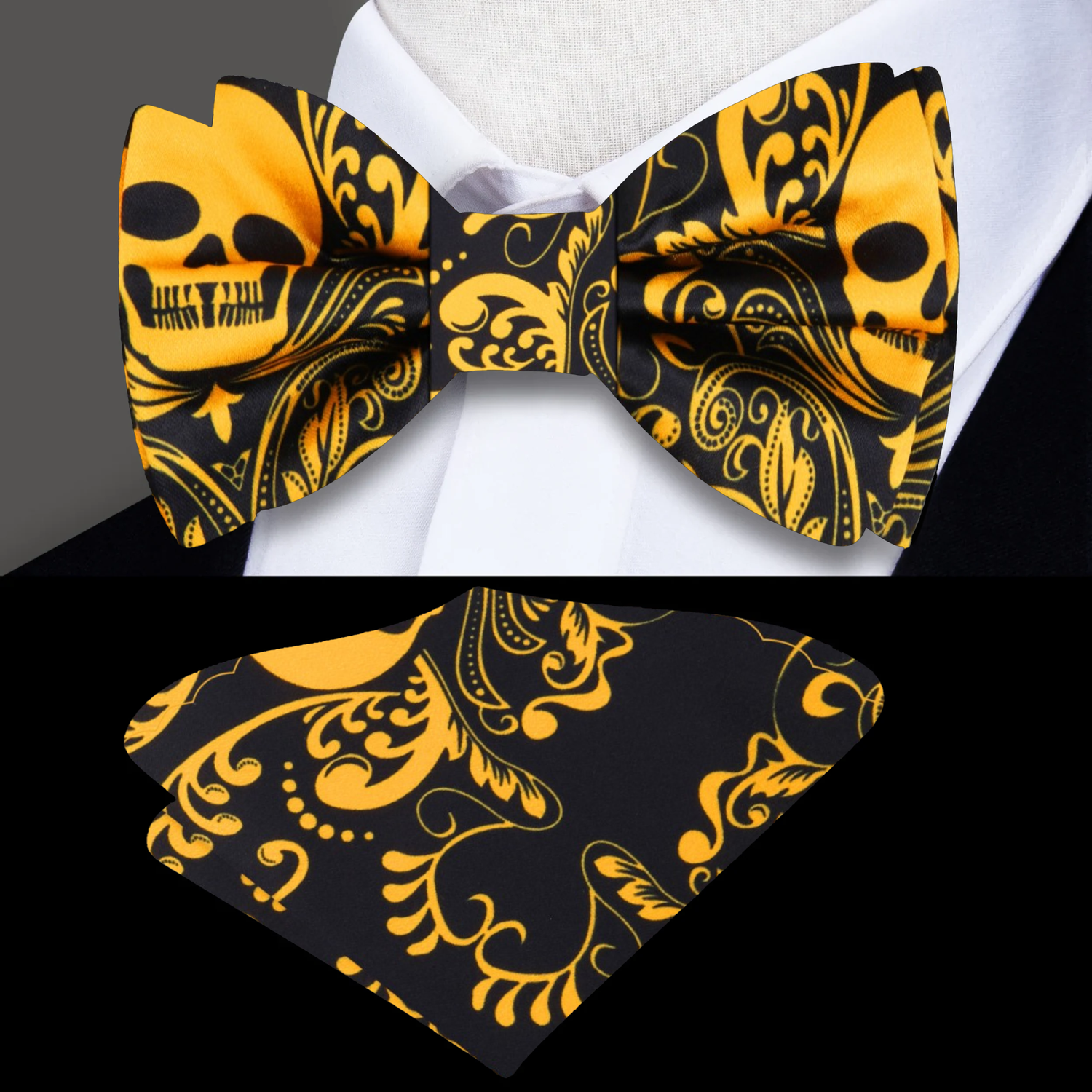 Black and Yellow Skull Bow Tie and Matching Pocket Square