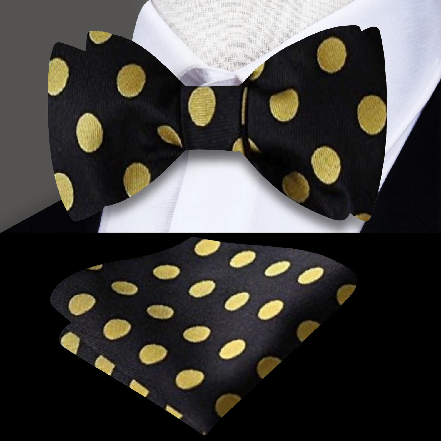 A Black, Gold Polka Pattern Silk Self Tie Bow Tie Bow Tie and Square