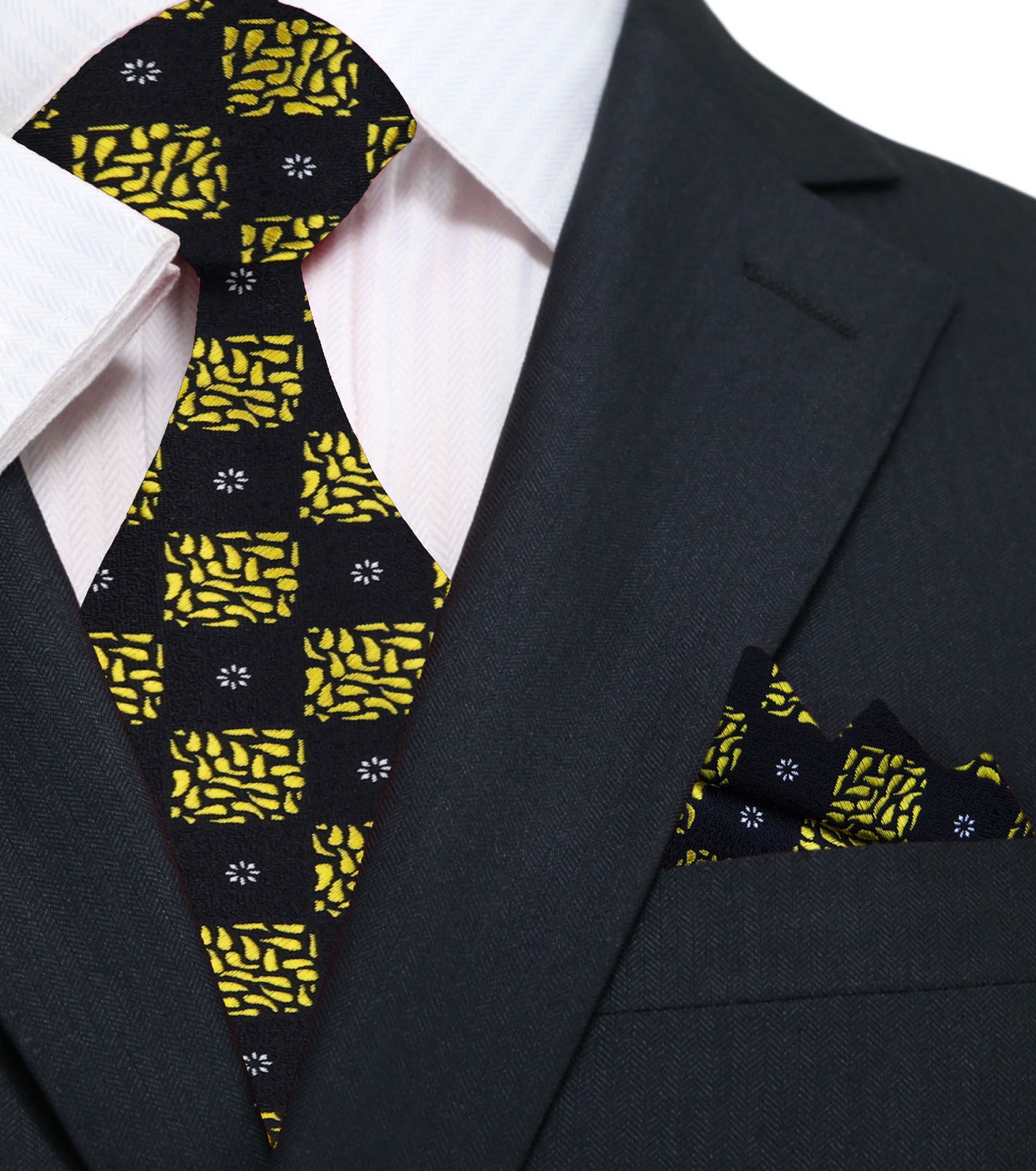Black, Yellow Gold Geometric Necktie with Matching Square