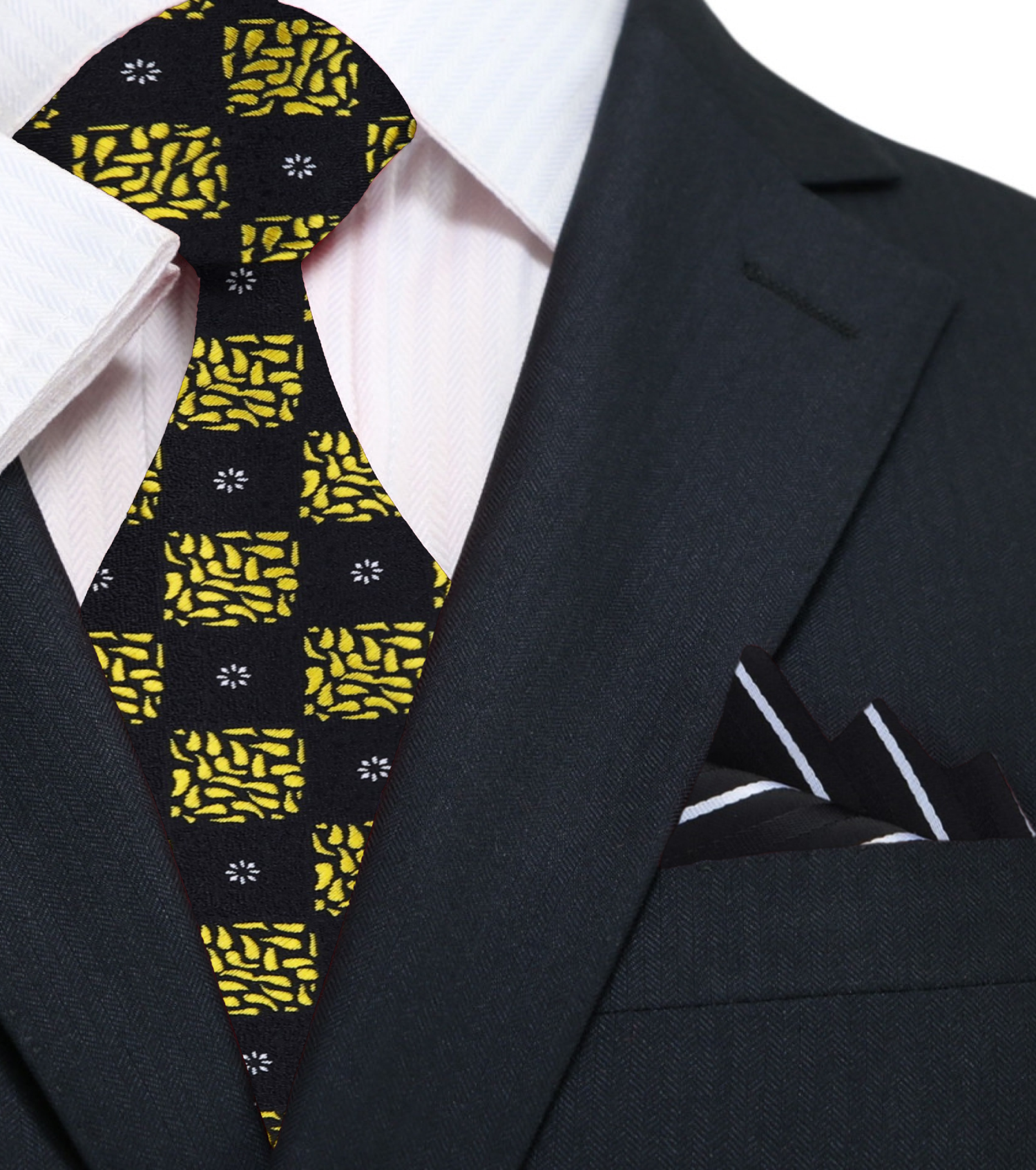 Black, Yellow Gold Geometric Necktie with Black, White Stripe Square