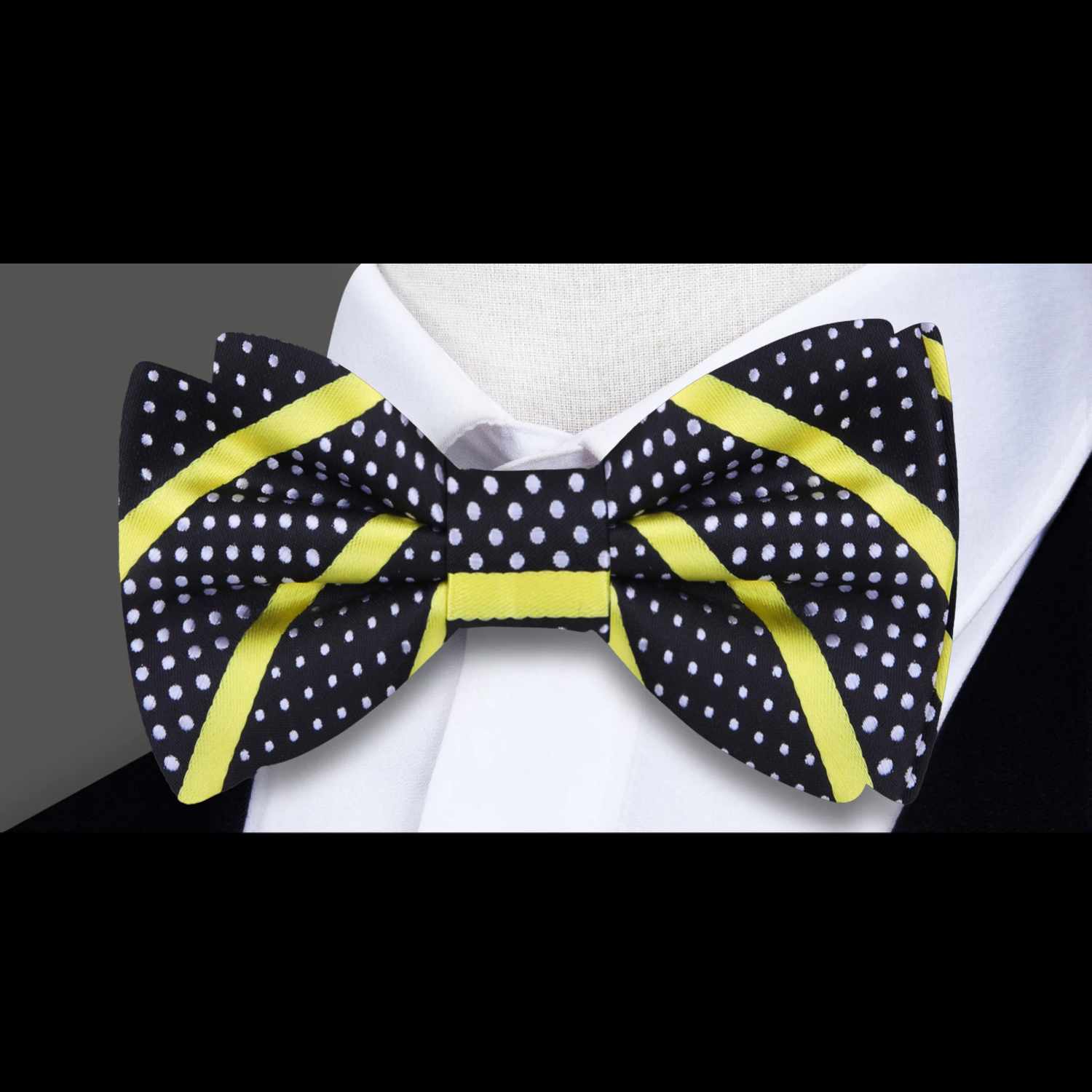 ||Yellow, Black, White Stripe Polka Bow Tie