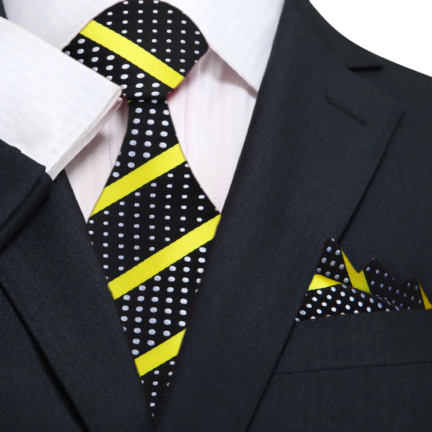Main: A Black Silk Background With Yellow Stripes And White Dots Necktie With Matching Pocket Square