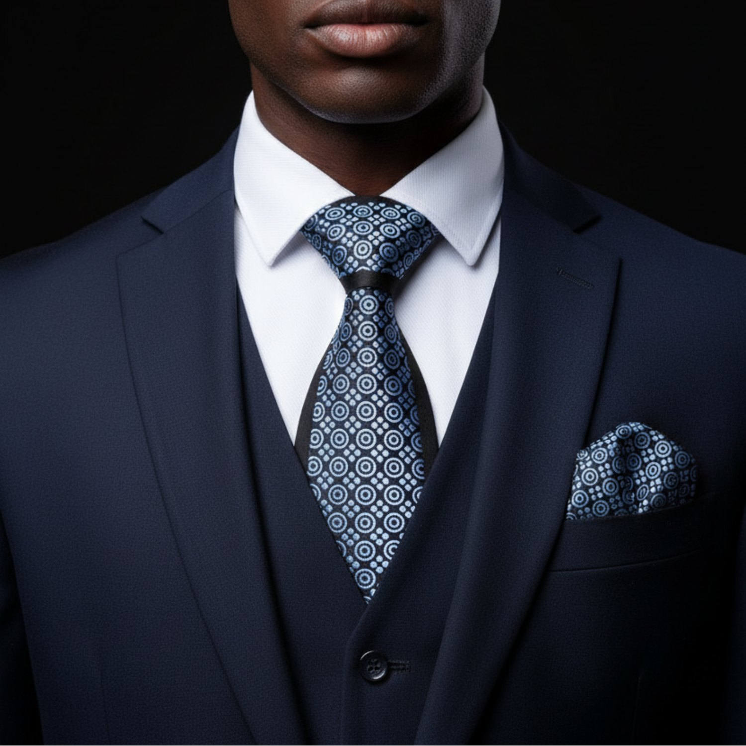 Man wearing a navy suit with a patterned tie and pocket square against a black background