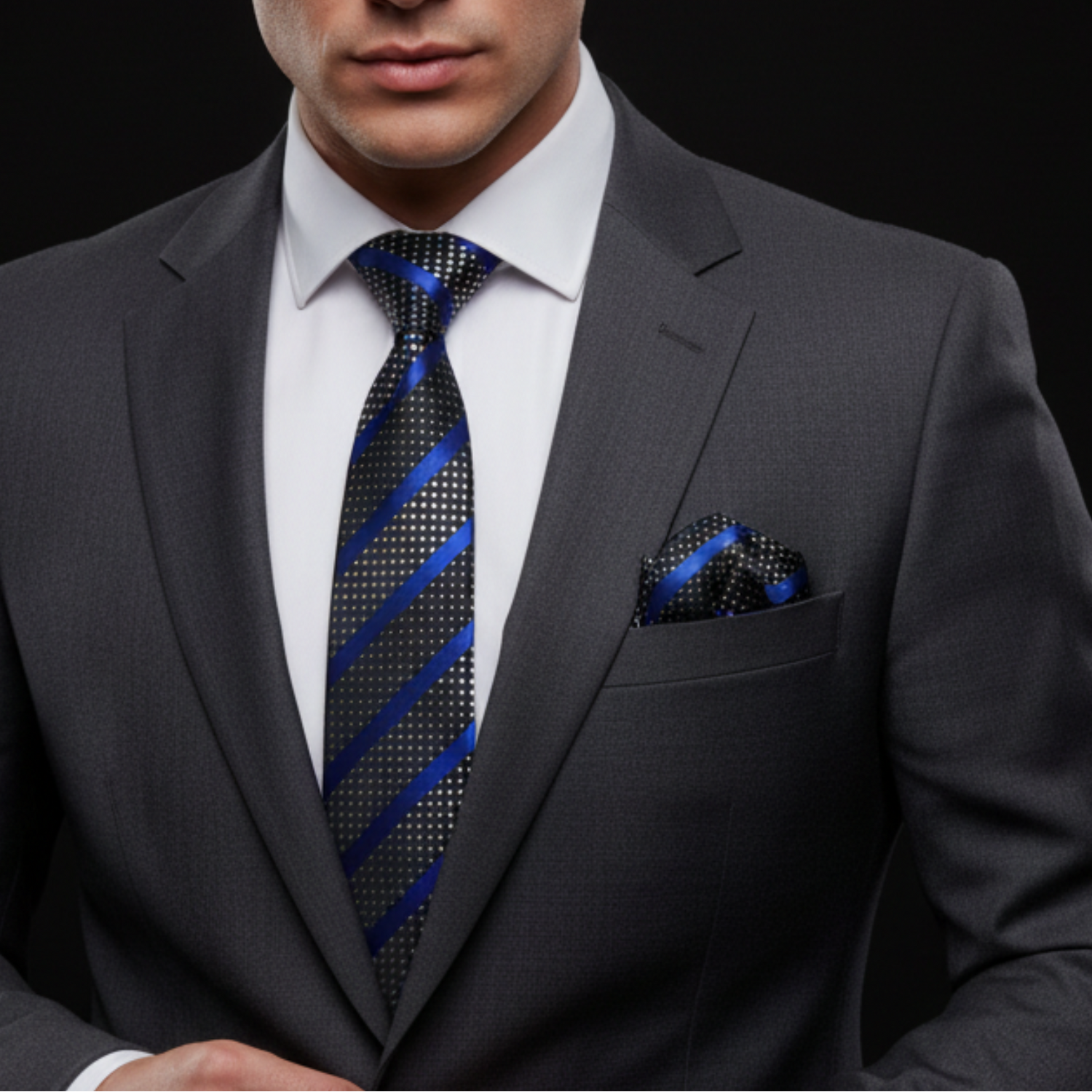 Man wearing black with blue stripes tie and square on suit