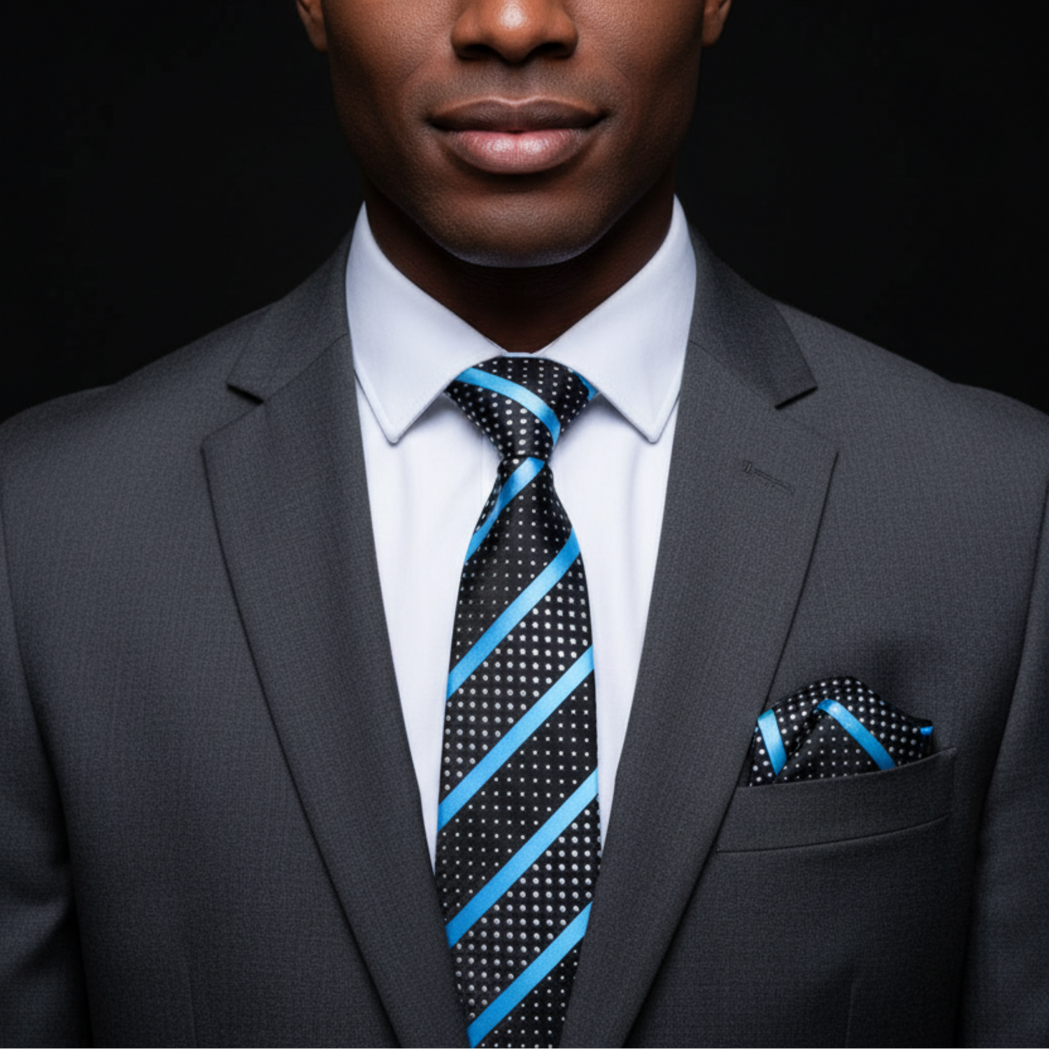 Man wearing a gray suit with a blue striped tie against a black background