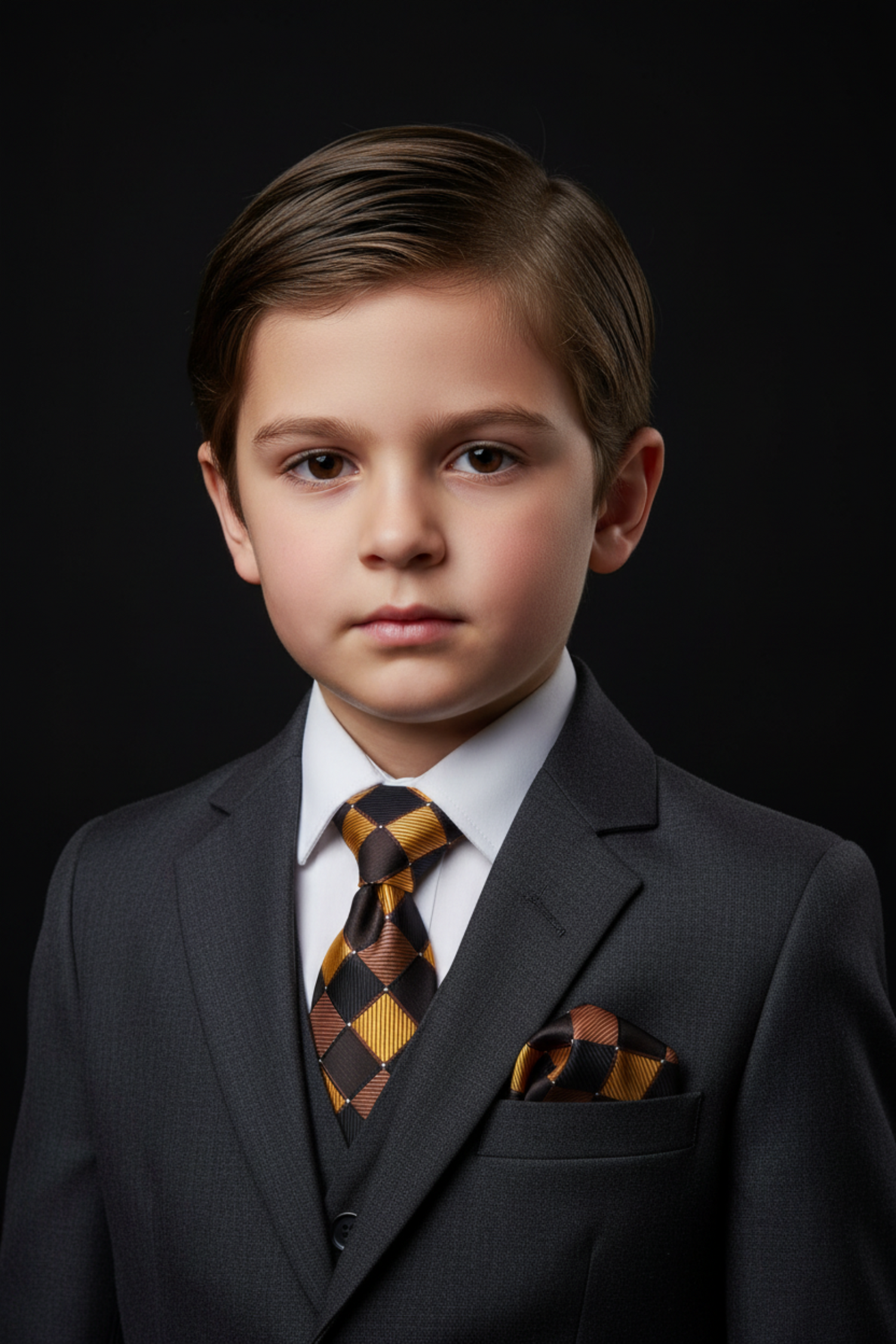 Young boy in a formal suit with a patterned tie against a black background
