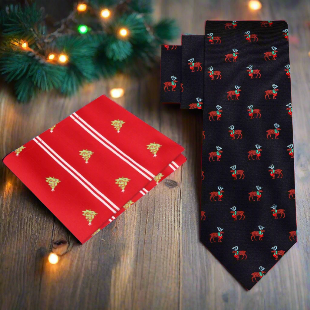 Black Silk with Wreath Reindeer Tie and Accenting Square
