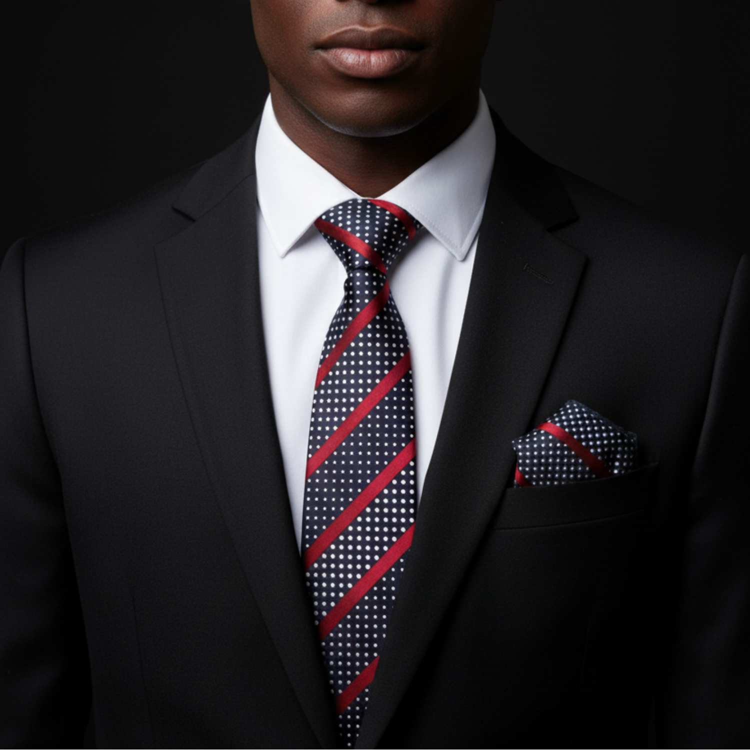 Man wearing a black suit with a red and white striped tie and matching pocket square.