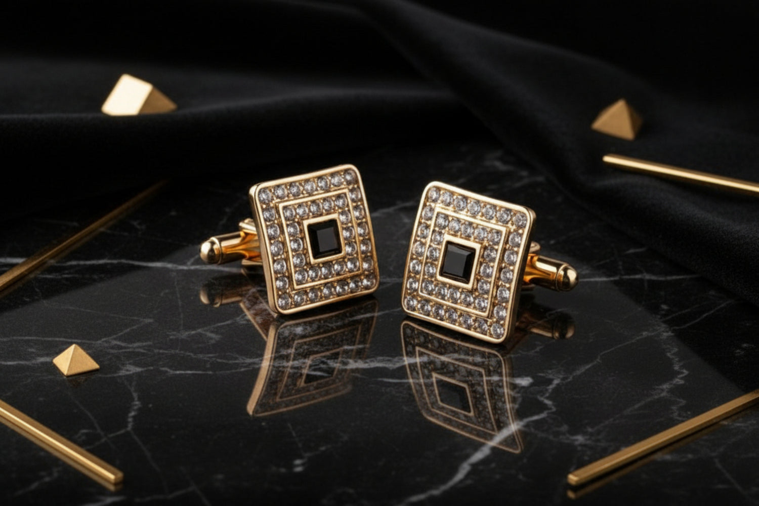 A Gold, Black, Clear Stone Square Shape Cuff-links||Gold