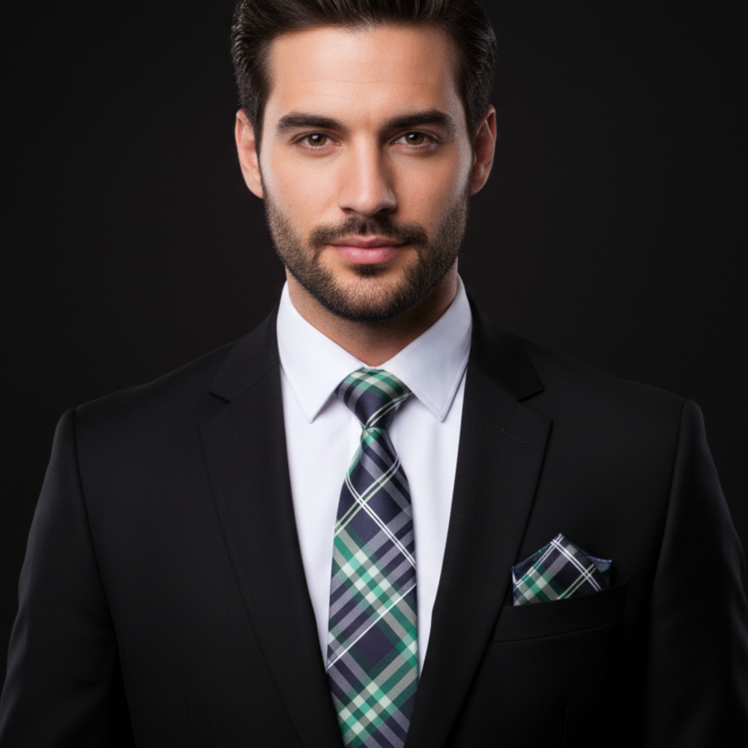 Man wearing a black, green plaid tie and square