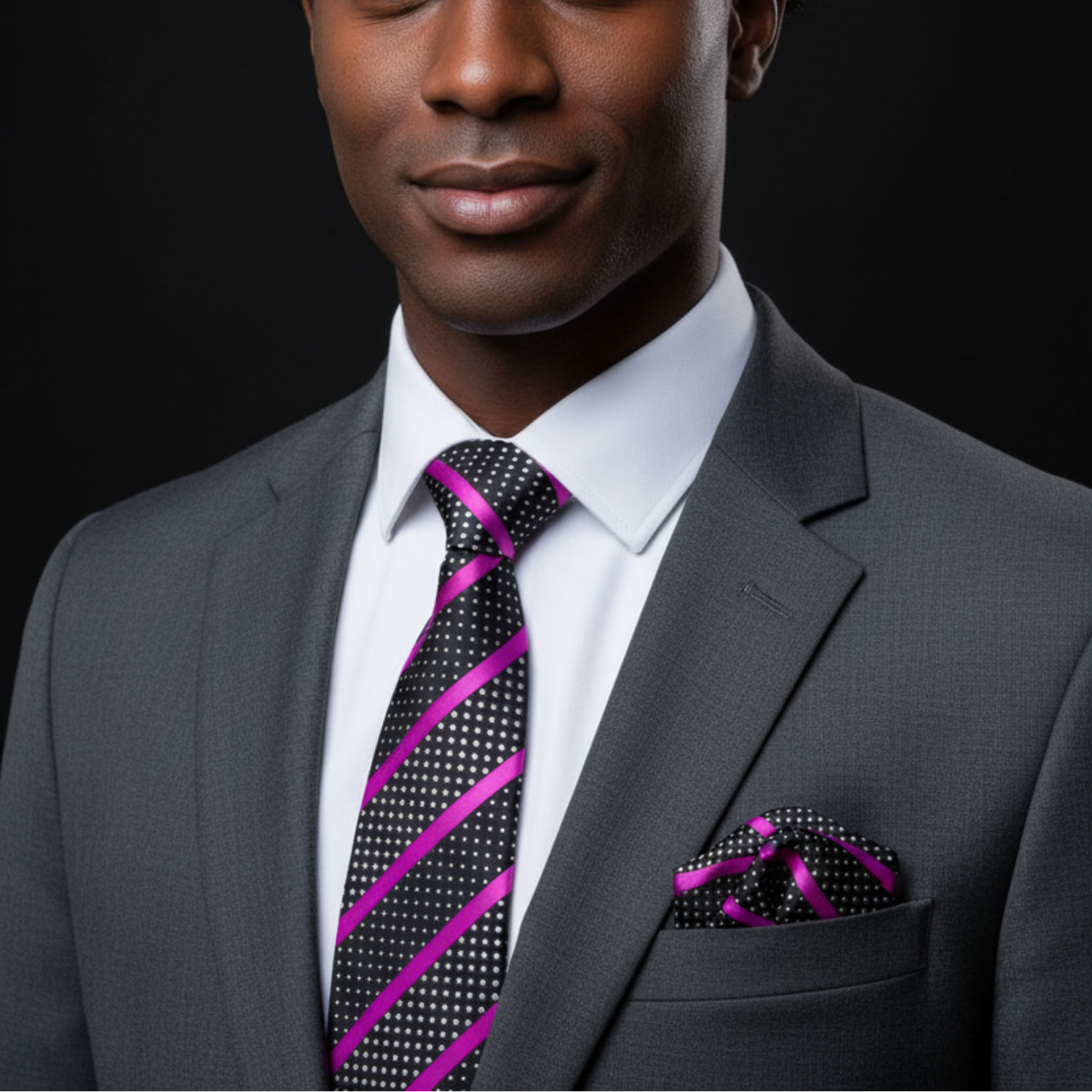 Man wearing black with pink stripes and white dots tie and square on suit