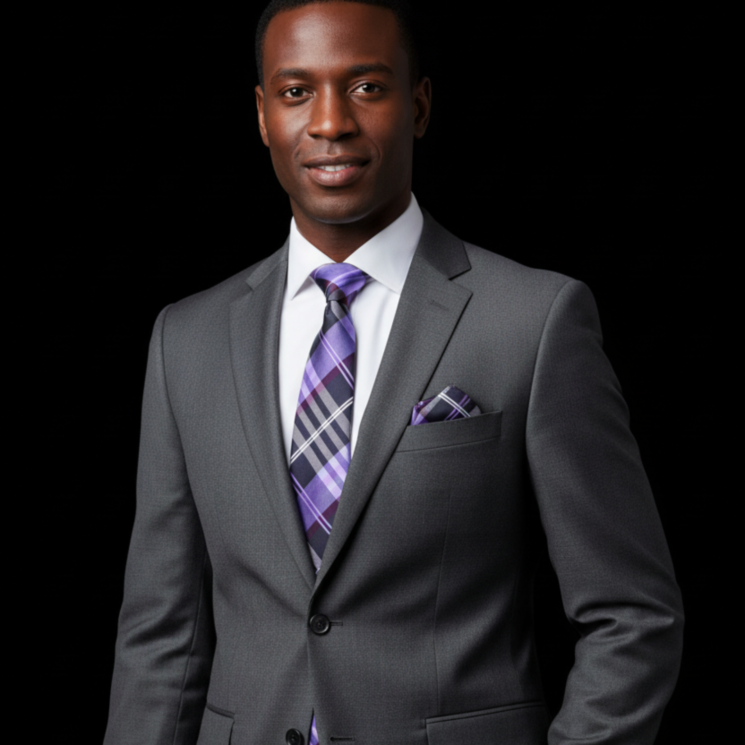Black, Purple Plaid Tie and Square on Man