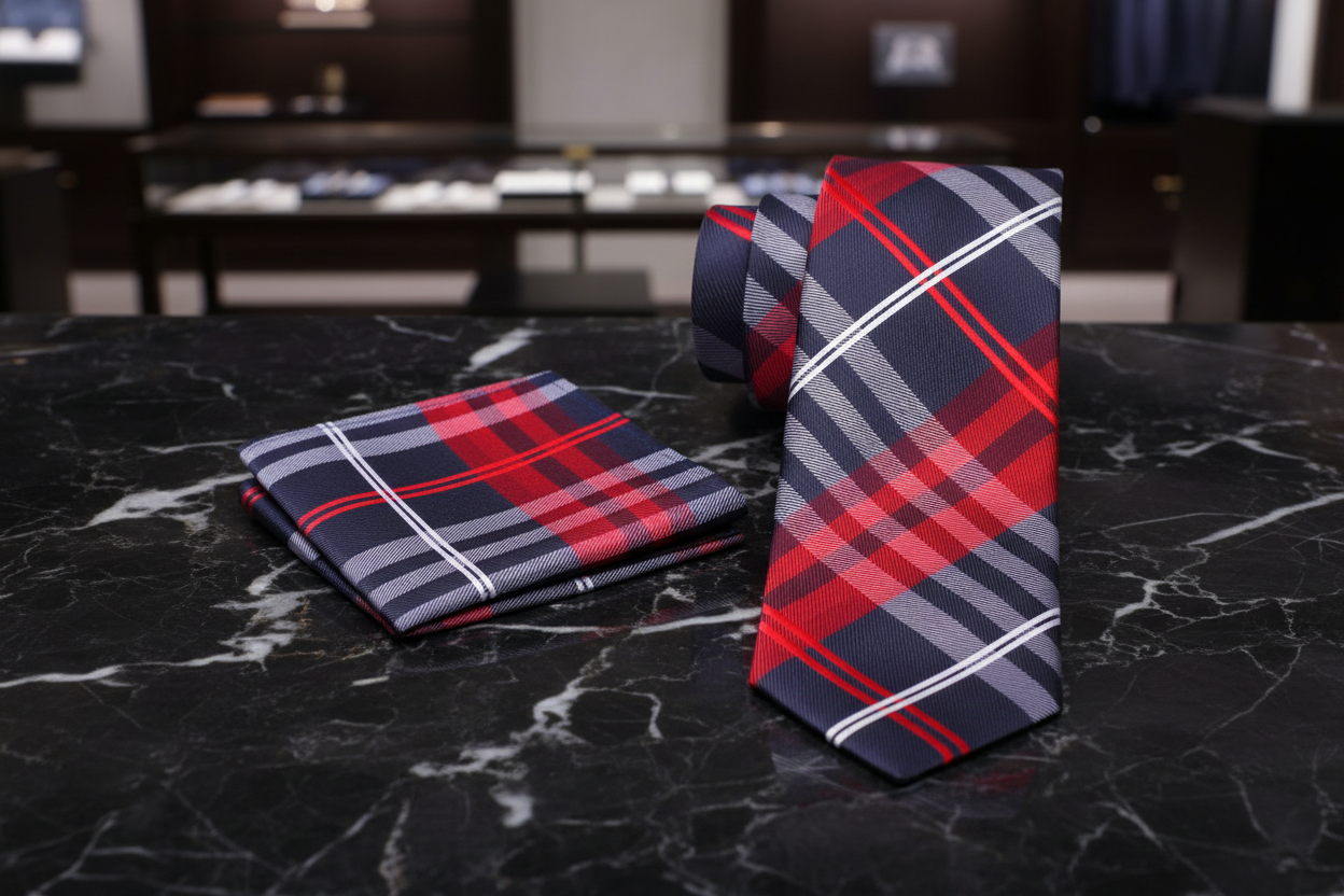 Black, Red, White Plaid Tie and Square on marble