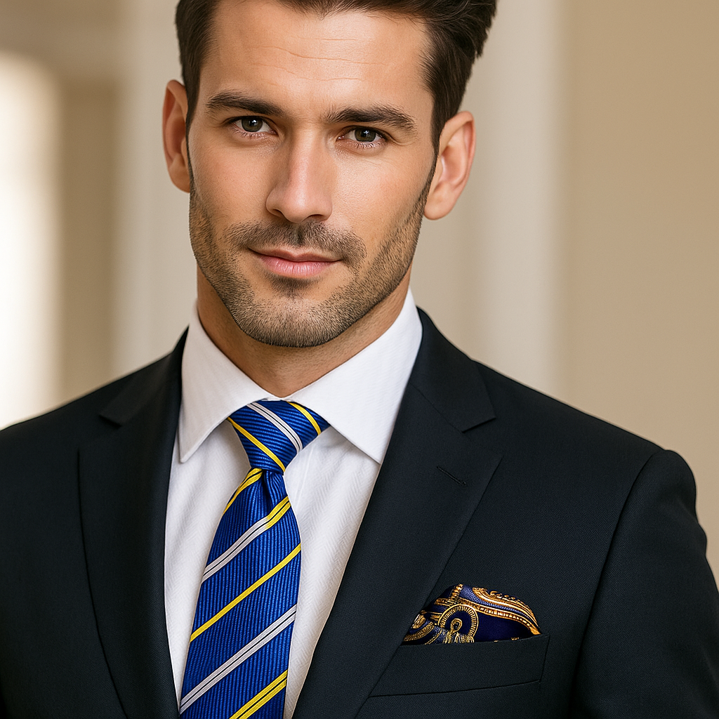 Black Suit on Man wearing Blue and Yellow Stripe Tie and Accenting Square