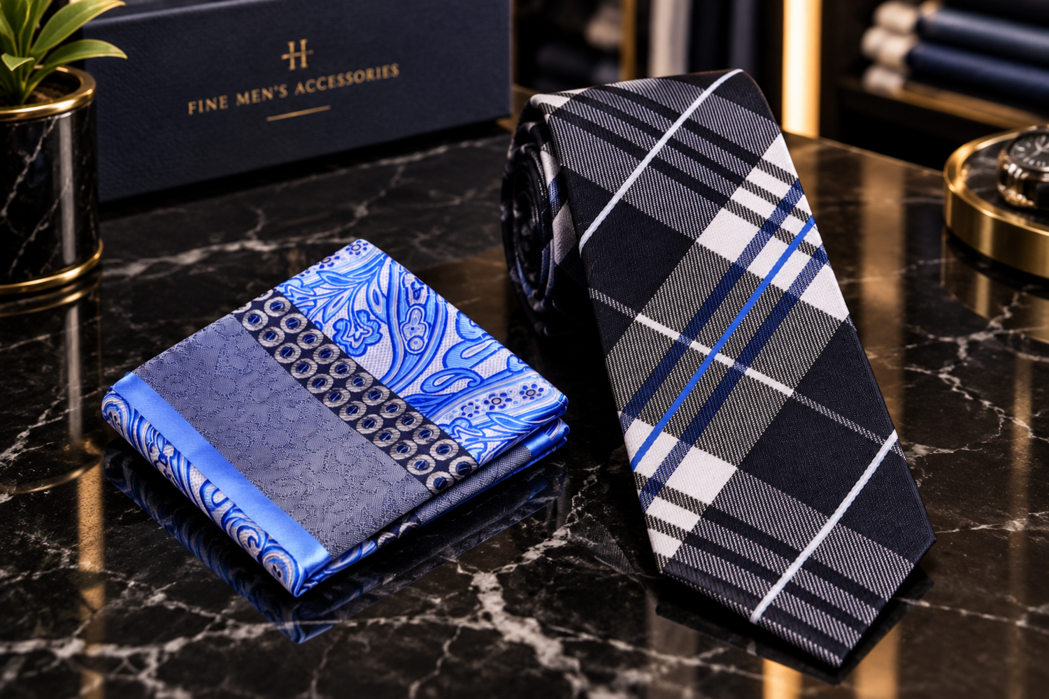 A men's accessory set displayed on a black marble surface, featuring a navy plaid necktie and a folded blue patterned pocket square, with a dark branded box in the background.