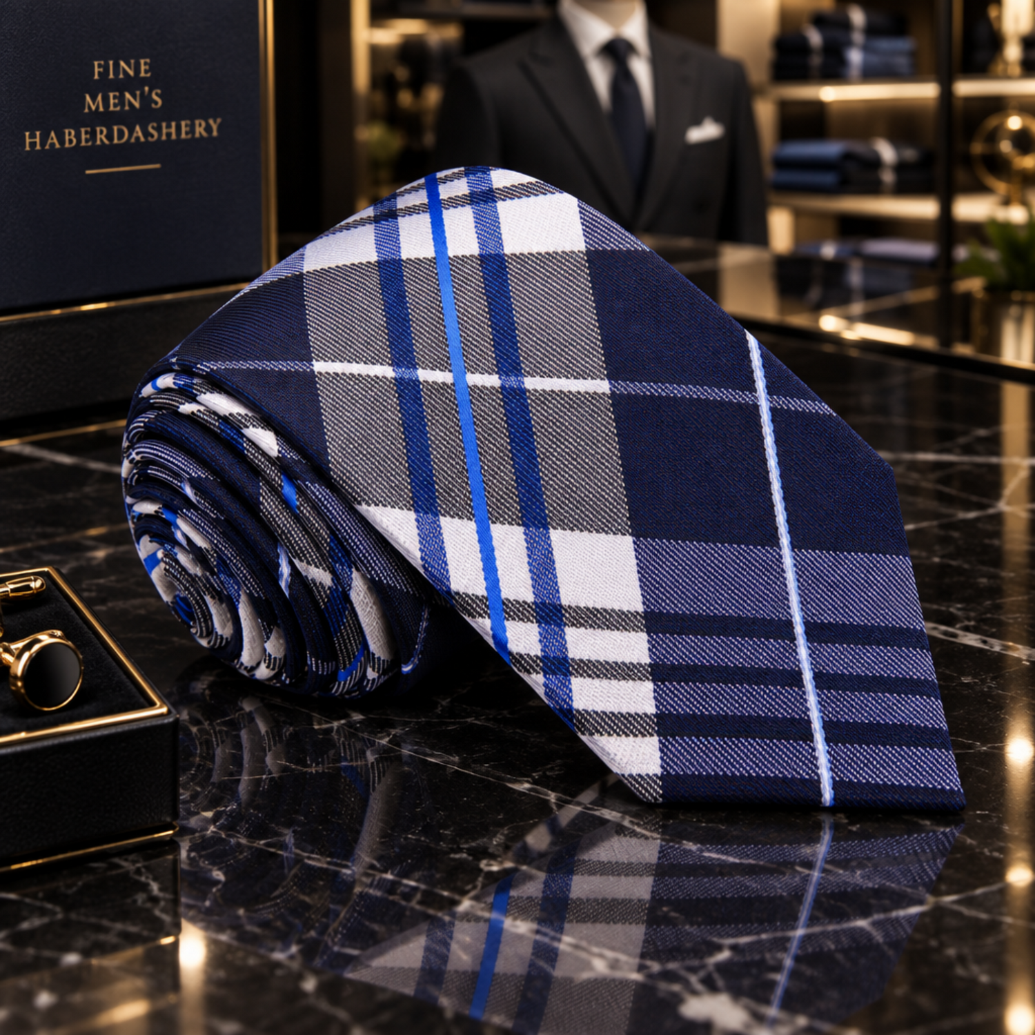 A rolled necktie with a navy blue, gray, and white plaid pattern, featuring thin bright blue stripes, shown on a plain white background.