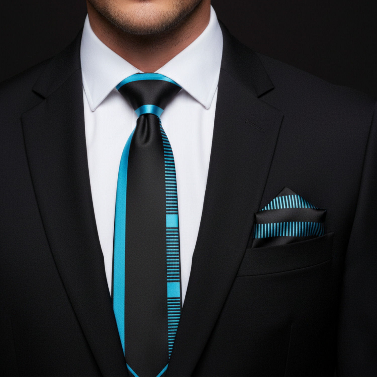 Man wearing a black suit with a white shirt and blue striped tie against a dark background
