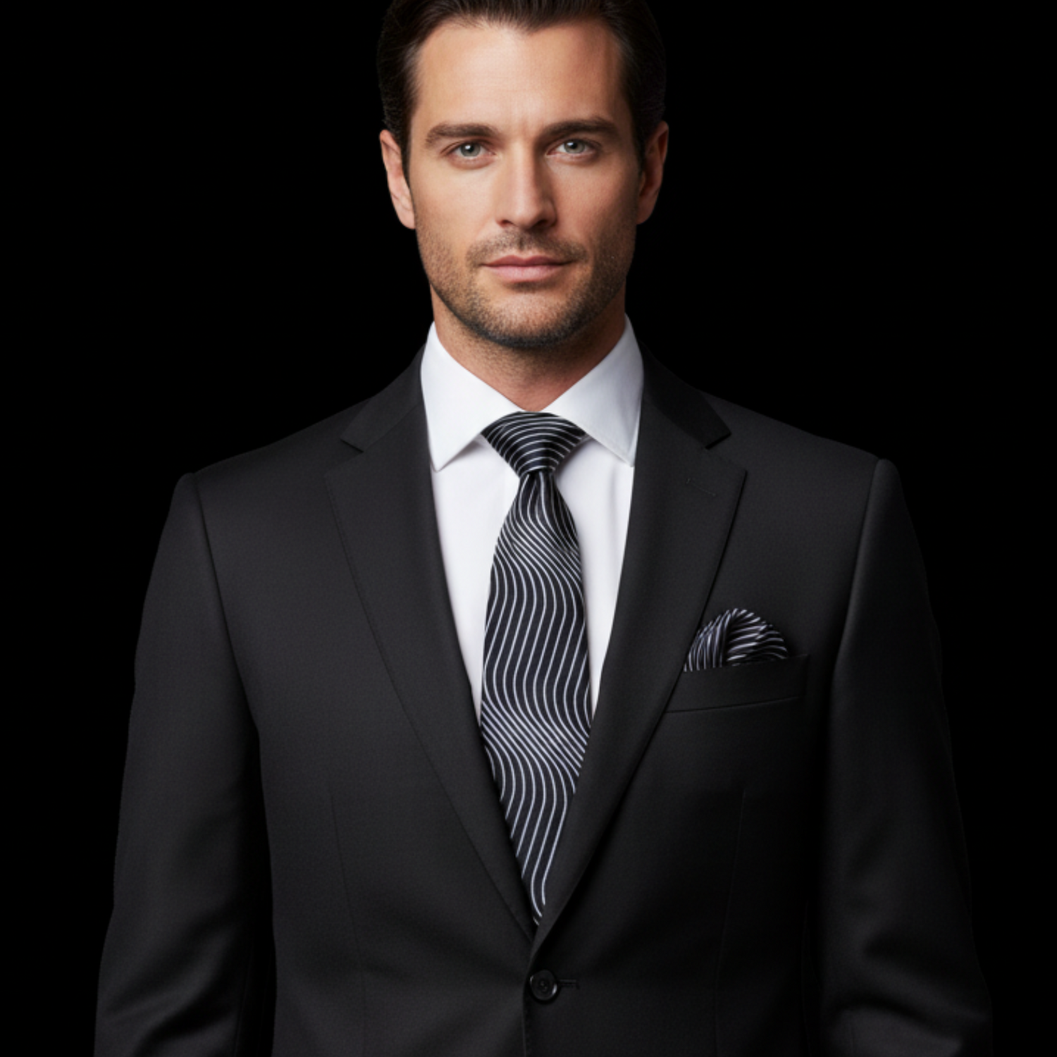 Man wearing a black suit with a striped tie on a black background