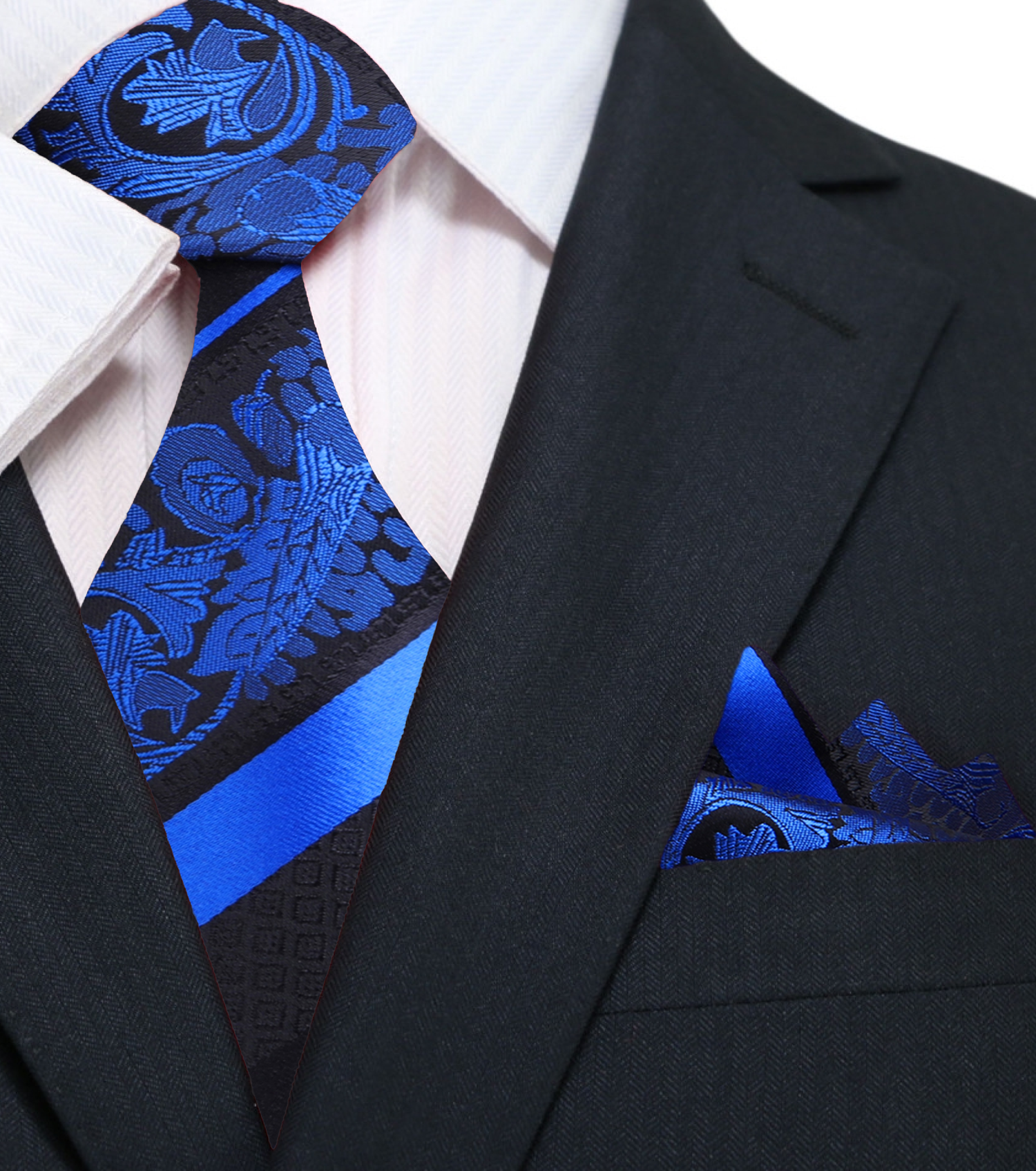 black, blue floral tie and pocket square||Blue, Black
