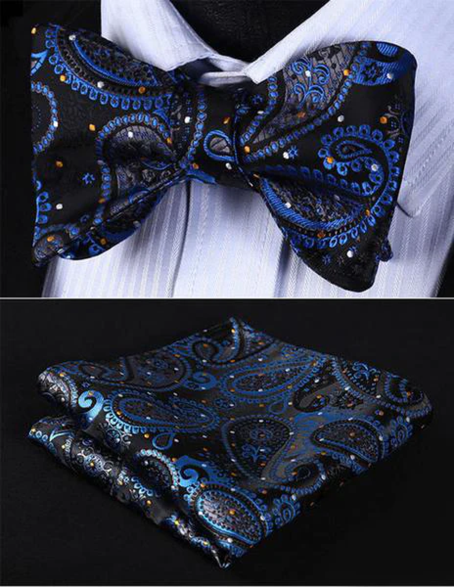 Back and Blue Paisley Bow Tie and Square