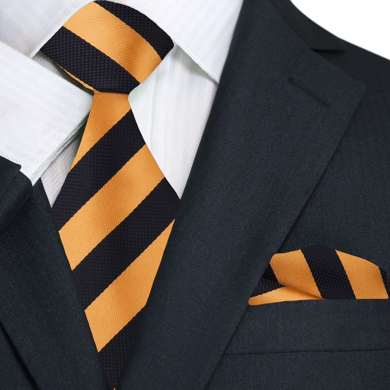 Black suit with a yellow and black striped tie and matching pocket square.
