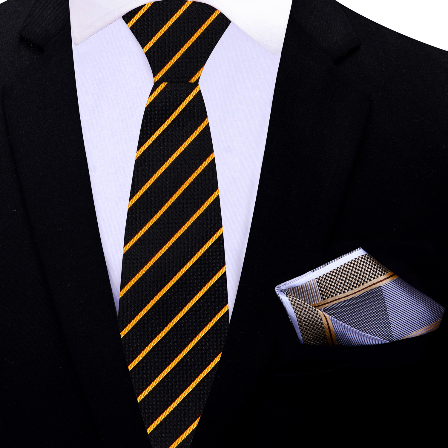 Thin Tie: Black, Gold Stripe Necktie and Accenting Square