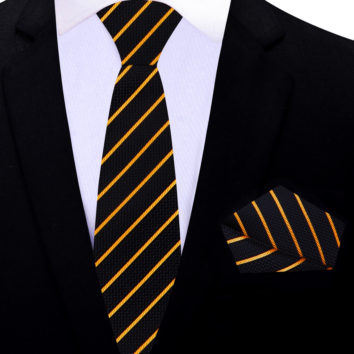 Thin Tie: Black, Gold Stripe Necktie and Matching Square
