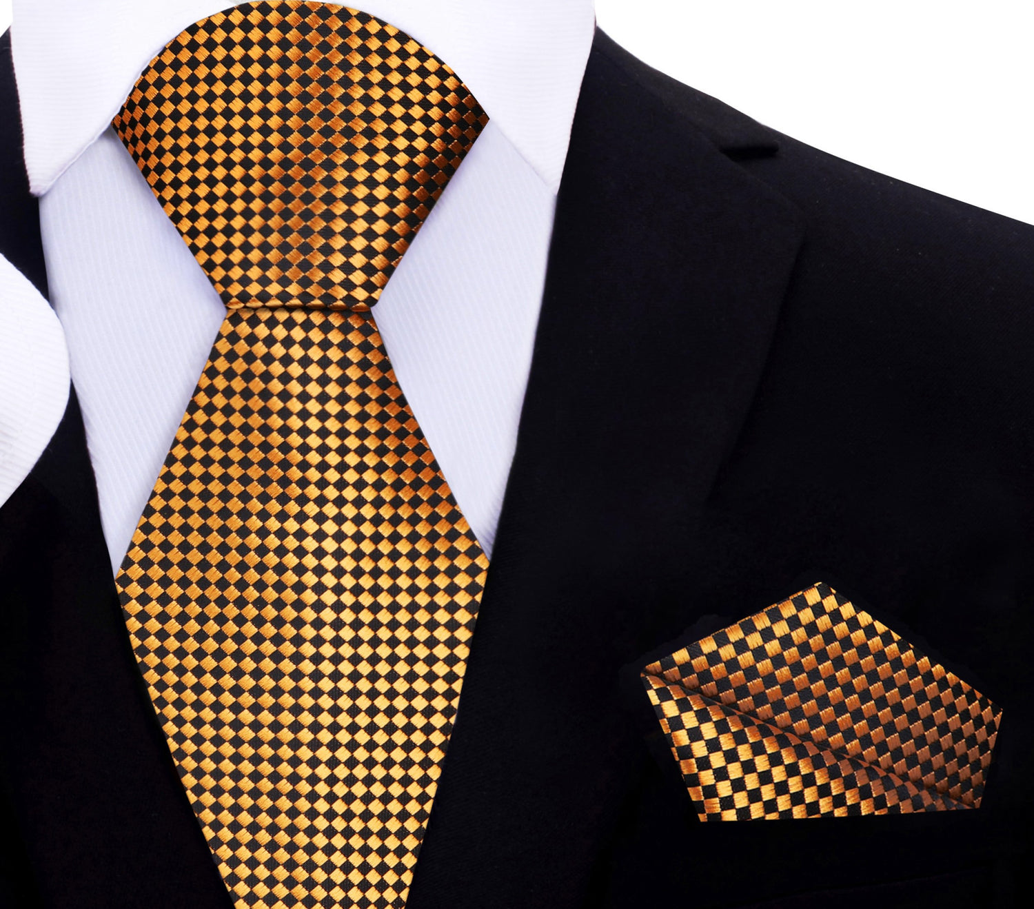 Gold & Black Small Diamonds Necktie and Matching Pocket Square