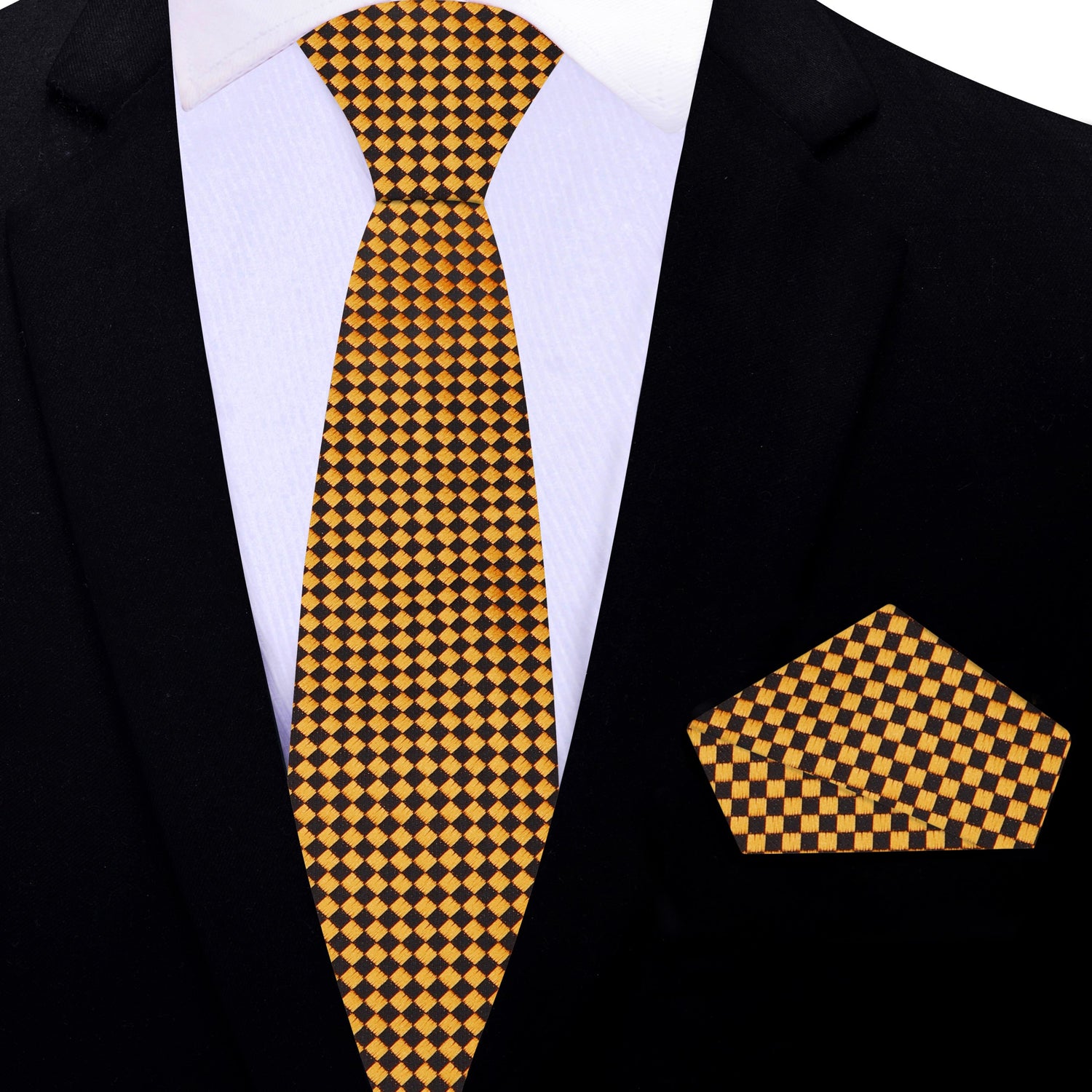 Thin Tie: Gold & Black Small Diamonds Necktie and Matching Pocket Square