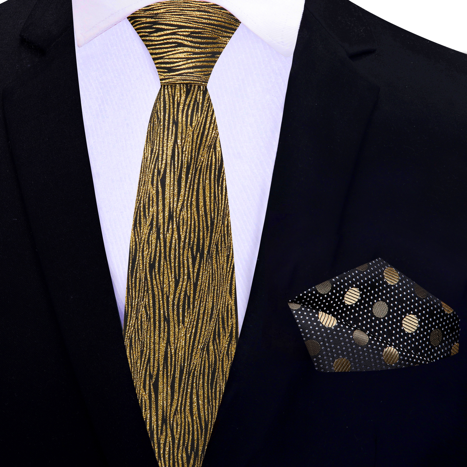 Thin Tie: Black and Gold Zebra Tie and Accenting Black Gold Polka Pocket Square