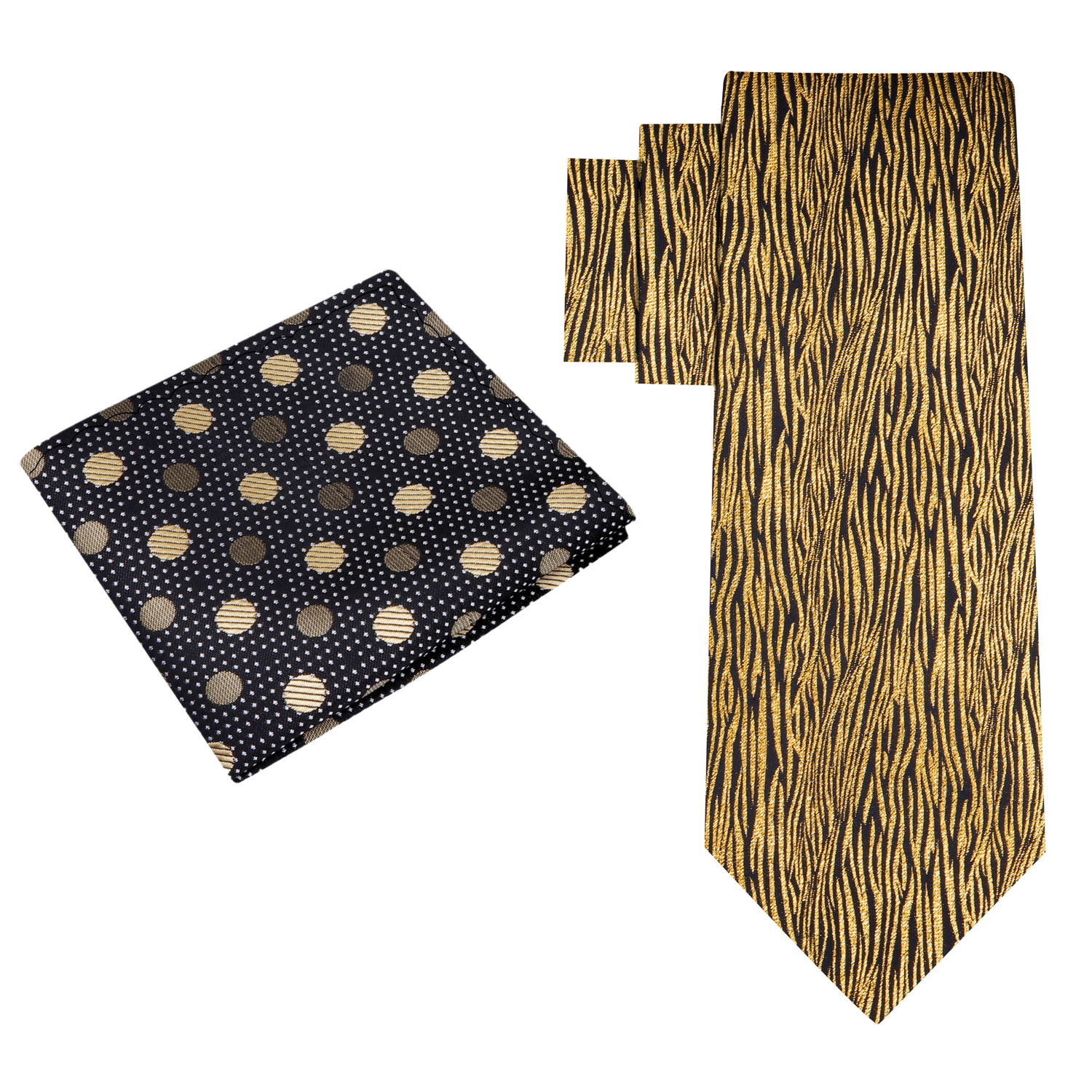 Alt View: Black and Gold Zebra Tie and Accenting Black Gold Polka Pocket Square
