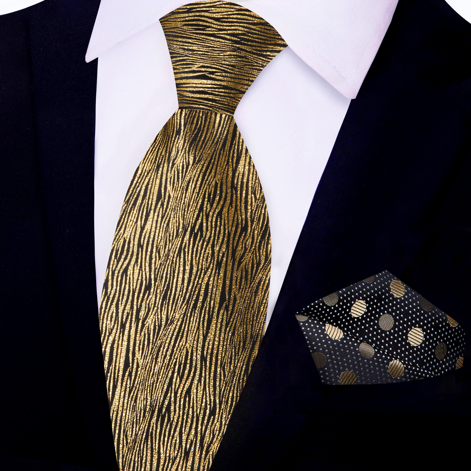 Black and Gold Zebra Tie and Accenting Black Gold Polka Pocket Square