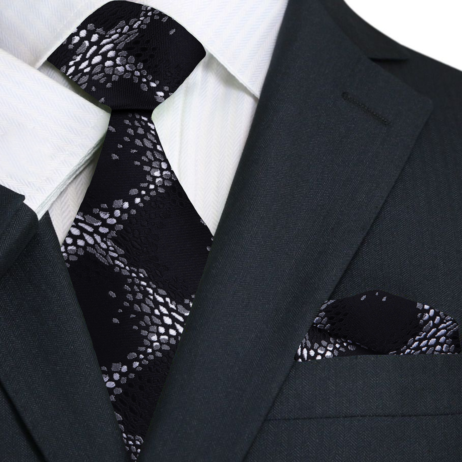 Main A Grey, Black Geometric Diamonds Pattern Necktie, Matching Pocket Square