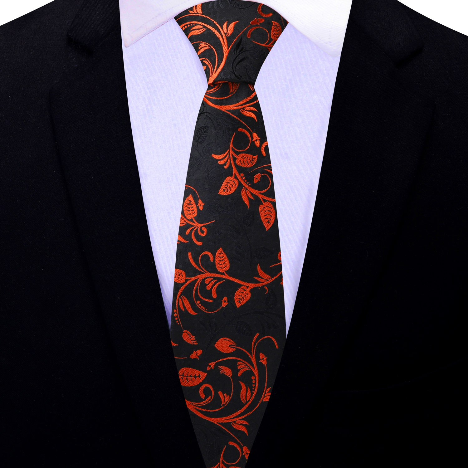 Thin Tie: Black, Copper Orange Vines Necktie