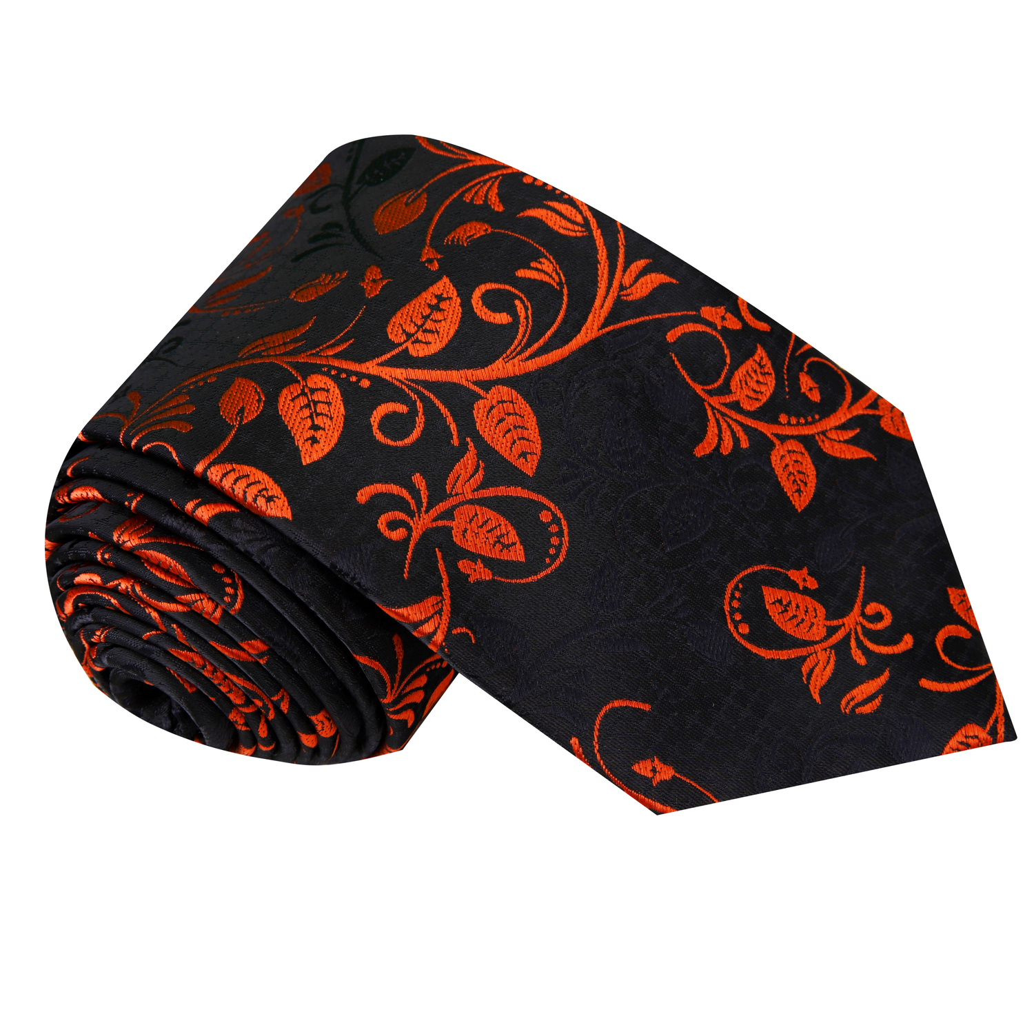 Single Rolled Up Tie: Black, Copper Orange Vines Necktie