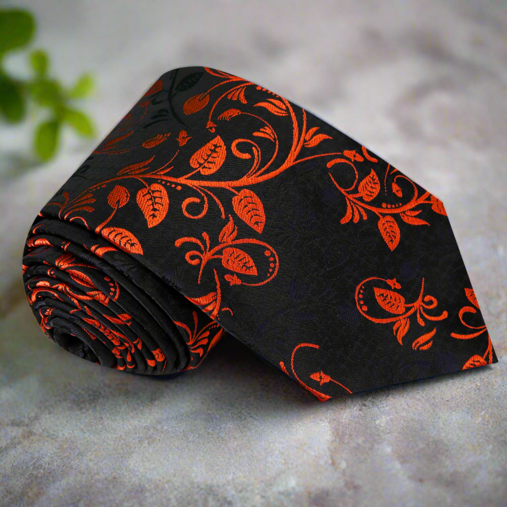 a black and orange copper vines rolled tie