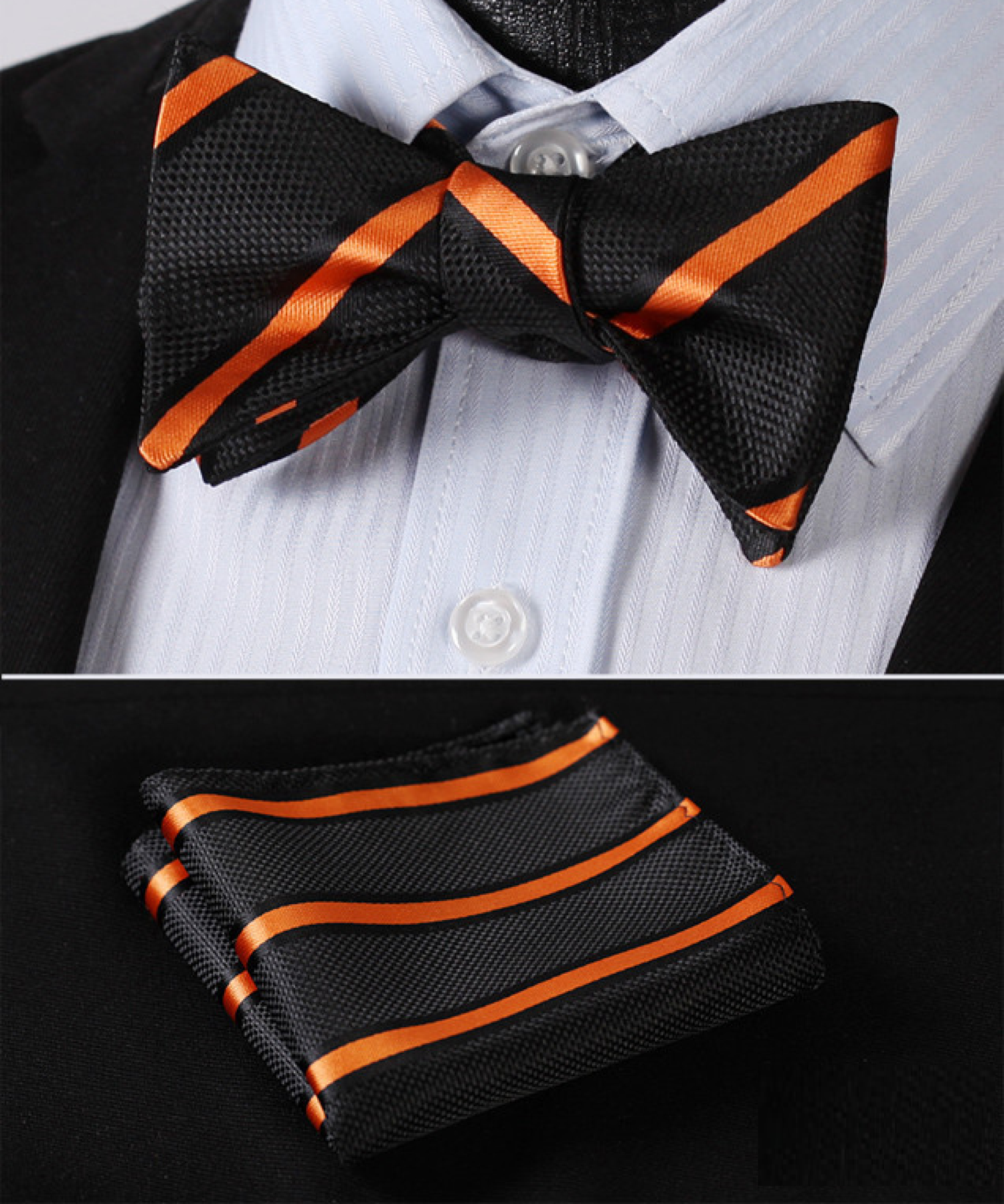 Suit View: Black, Orange Stripe Bow Tie and Matching Pocket Square
