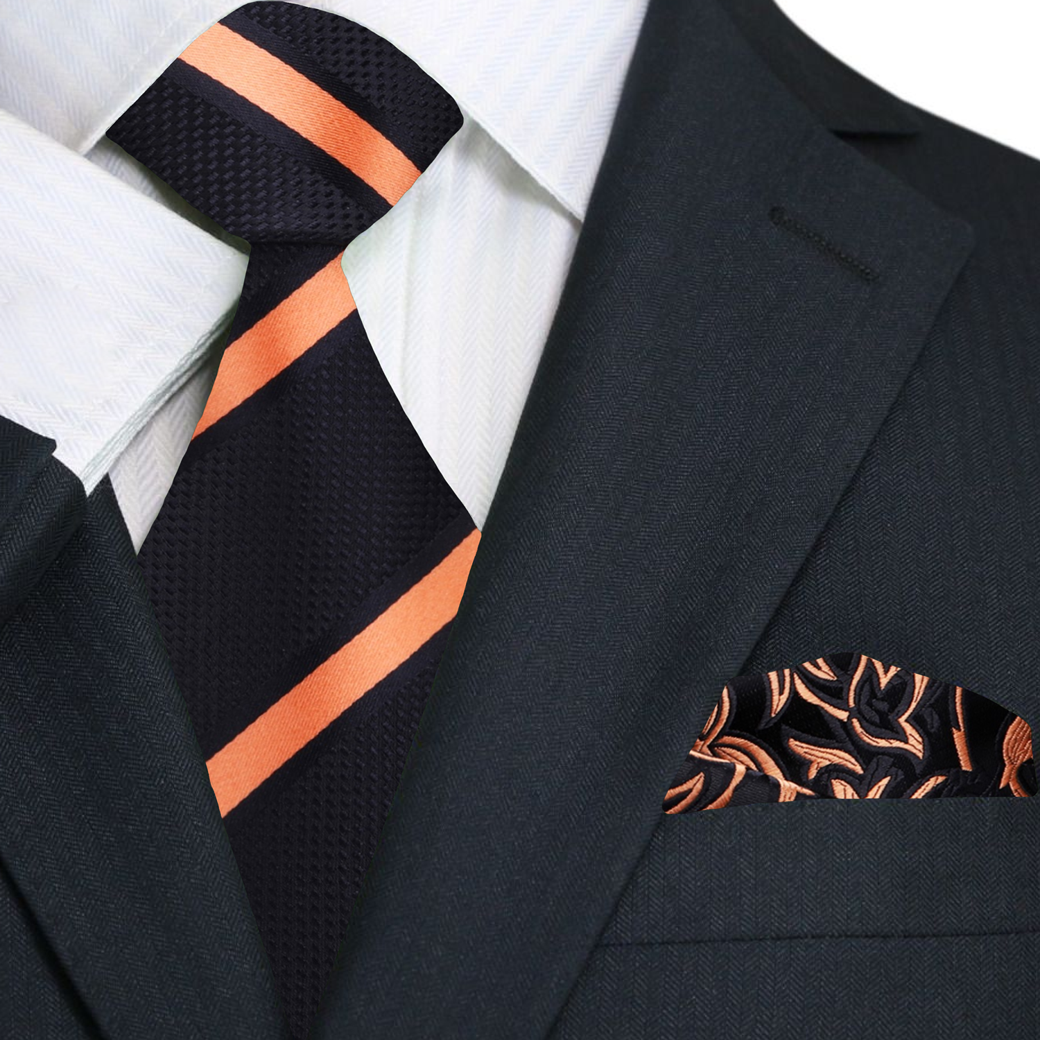 Black, Orange Stripe Tie and Matching Square ||Black, Orange