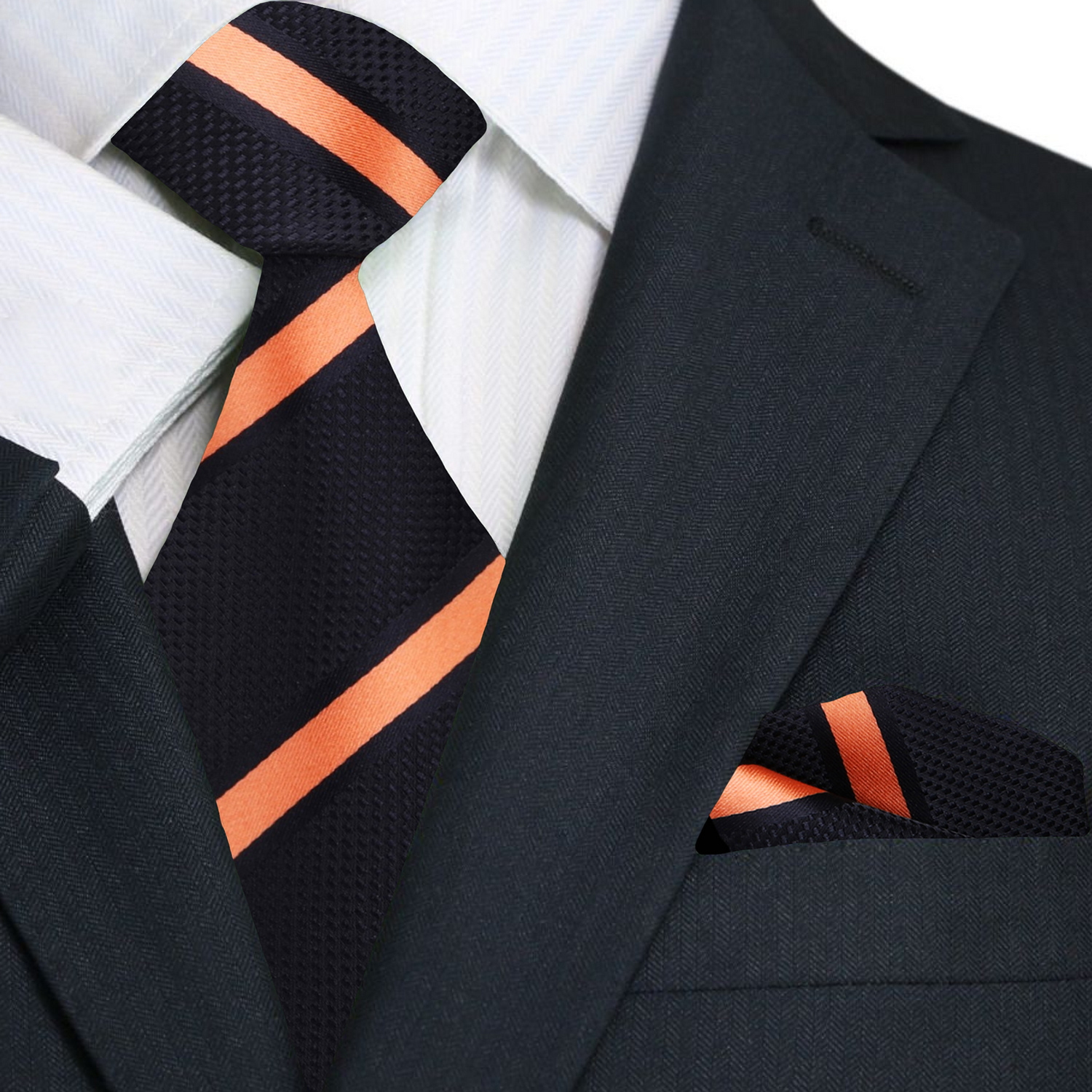 Black, Orange Stripe Tie and Matching Square ||Black, Orange