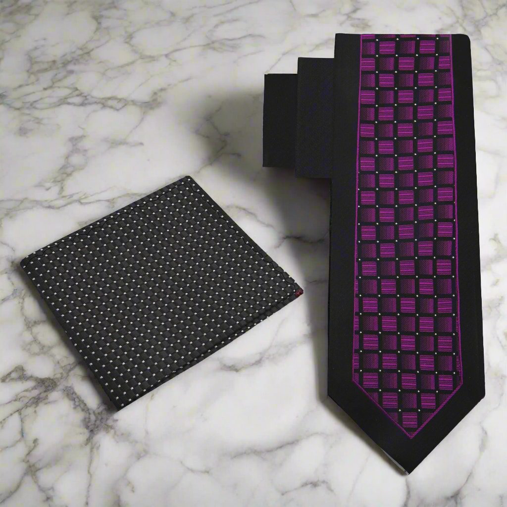 Alt View: Black, Purple Geometric Necktie and Accenting Black Square