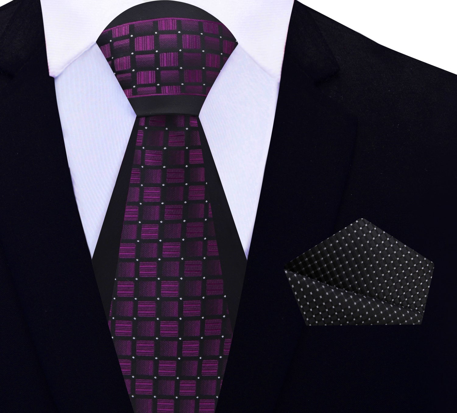 View 2: Black, Purple Geometric Necktie and Accenting Black Square