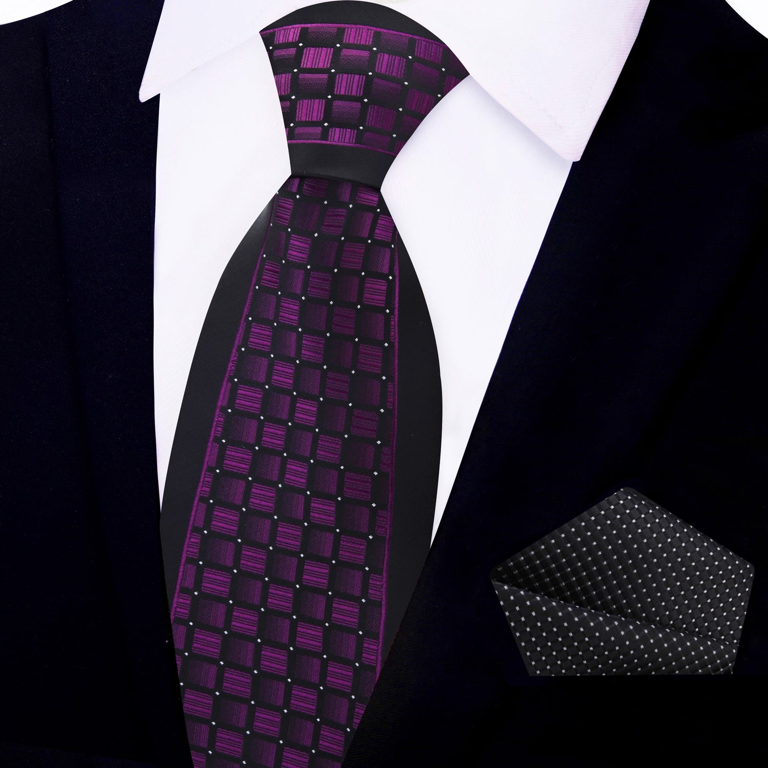Black, Purple Geometric Necktie and Accenting Black Square