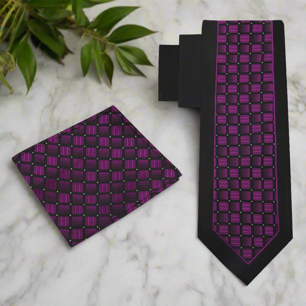 Alt View: View 2: Black, Purple Geometric Necktie and Square