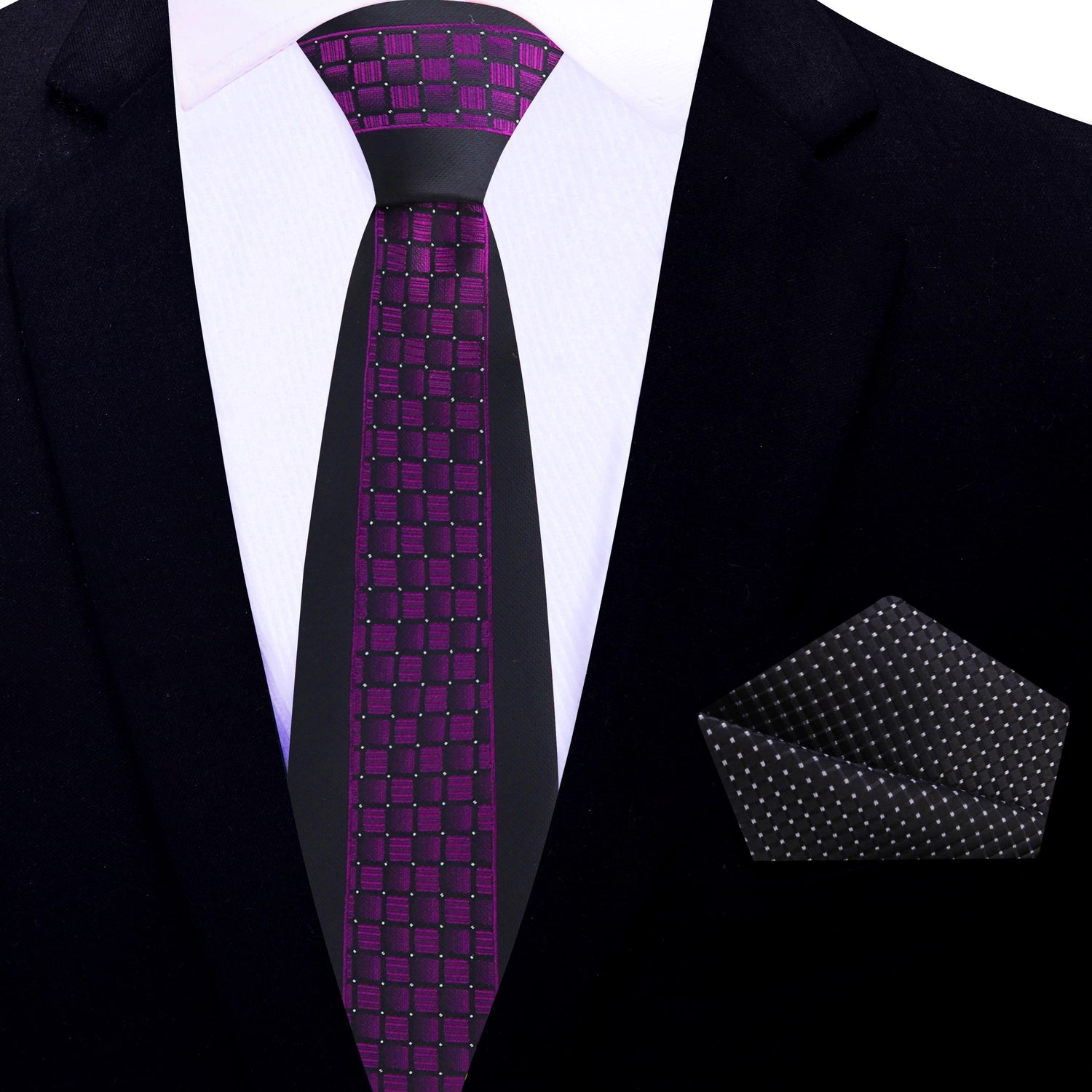 Thin Tie: Black, Purple Geometric Necktie and Accenting Black Square