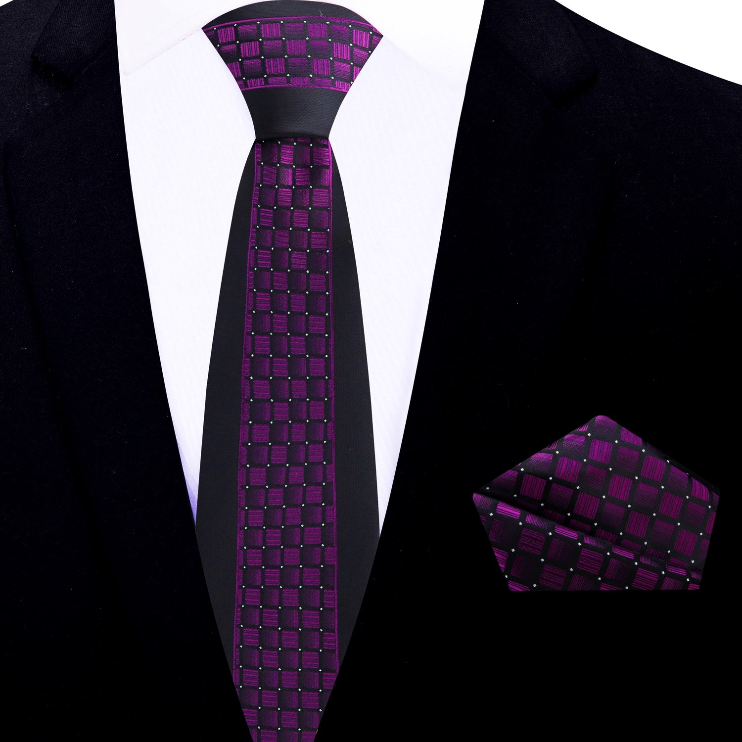 Thin Tie: View 2: Black, Purple Geometric Necktie and Square
