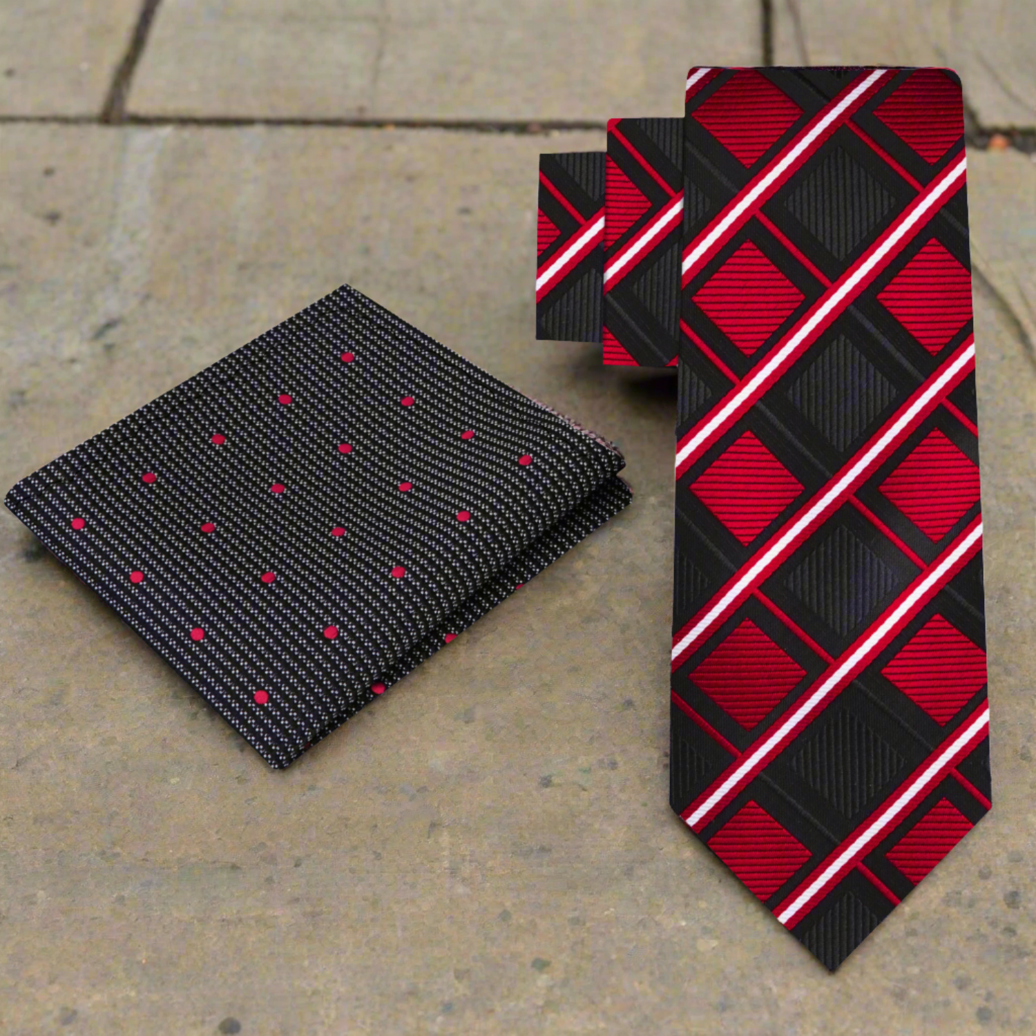 Alt Red and Black Geometric Necktie and Accenting Polka Square